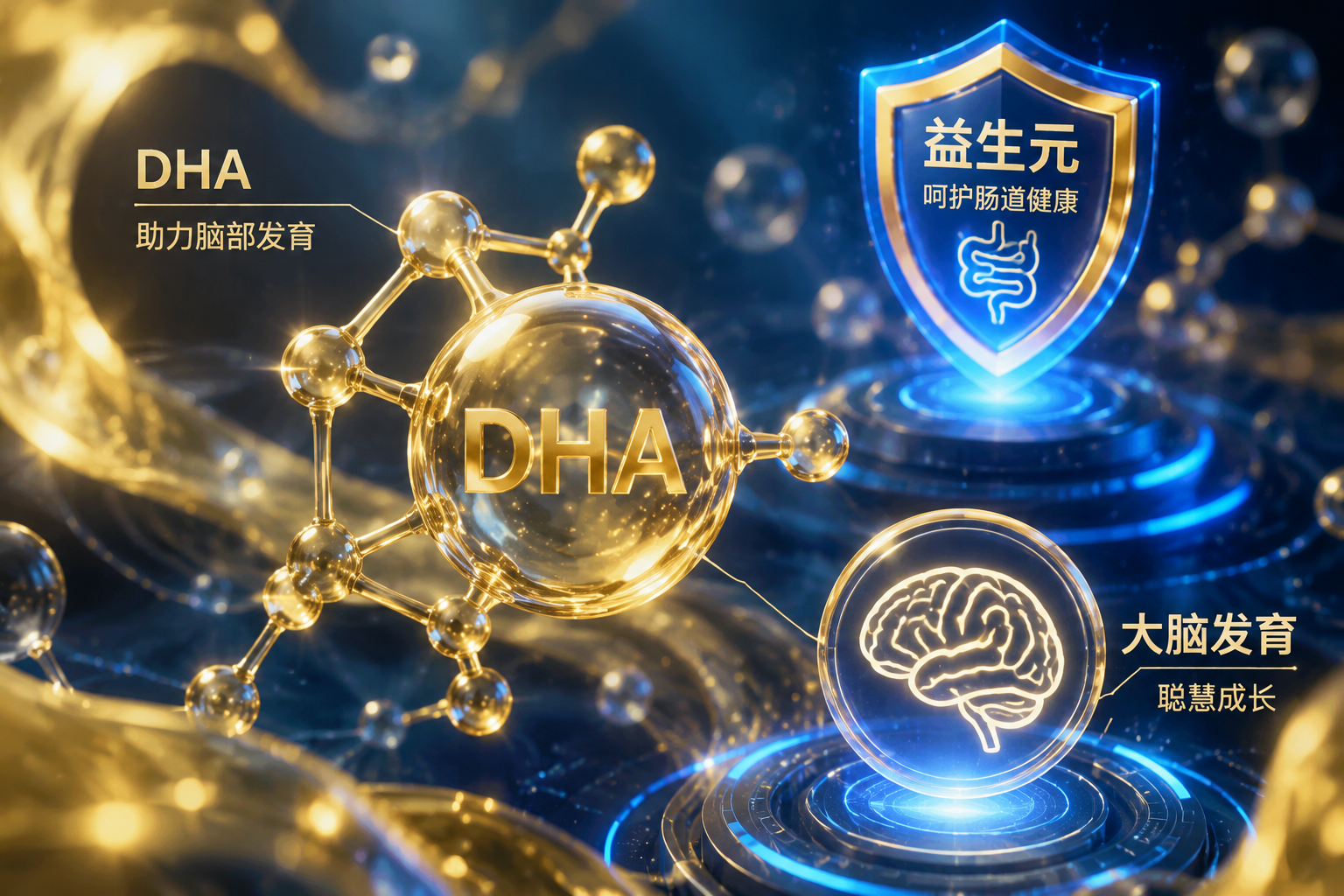 充满科技感的营养元素插画，画面中漂浮着发光的DHA分子结构、益生元盾牌图标和大脑发育的抽象符号。色彩以金色和蓝色为主，体现核心配方的高级感与科学性。3D渲染，微距视角。