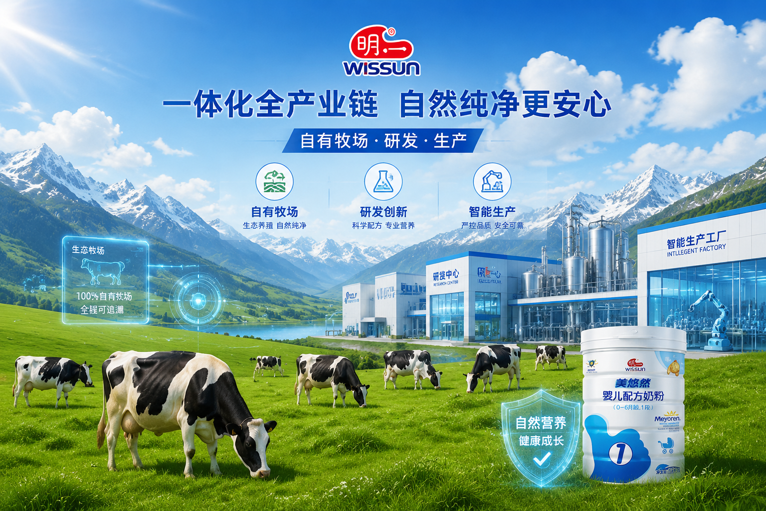 壮丽的高山生态牧场，蓝天白云，绿草如茵，健康的奶牛在悠闲地吃草。画面融入明一品牌的科技感元素，展现“自有牧场、研发、生产”一体化的现代化乳企形象，阳光明媚，色彩鲜艳，自然纯净。