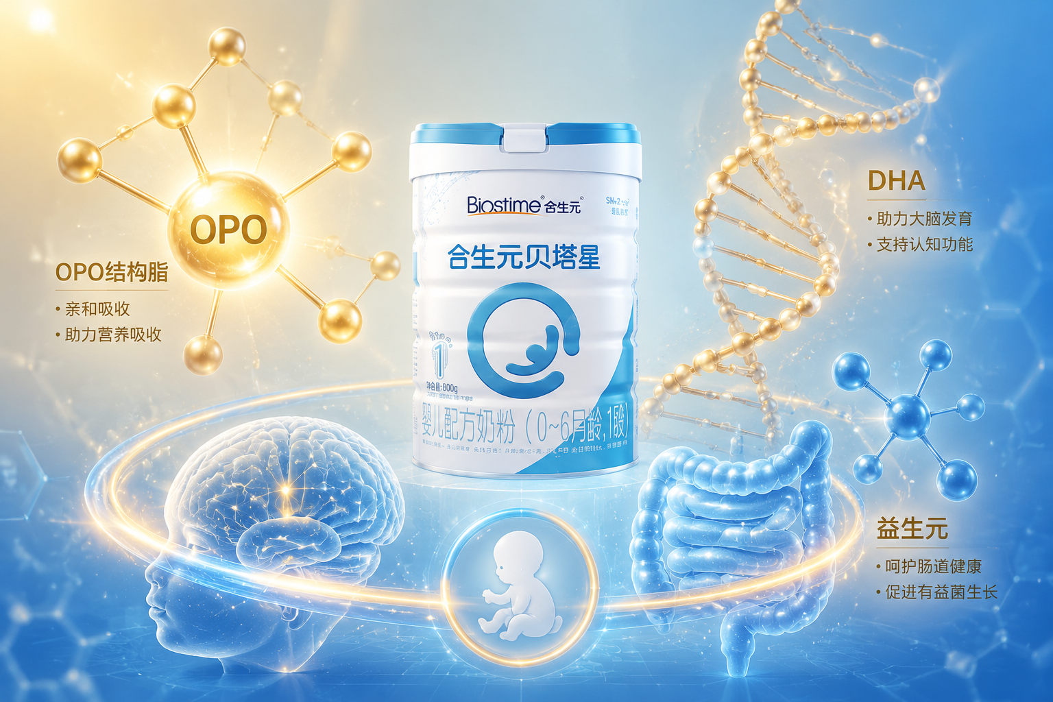 充满科技感与微观生物学的画面，漂浮的金色OPO结构脂分子、DHA双螺旋结构和益生元分子，背景是柔和的蓝色和金色渐变，代表着科学配方与婴幼儿大脑及肠道发育，3D渲染，极具科技美感。