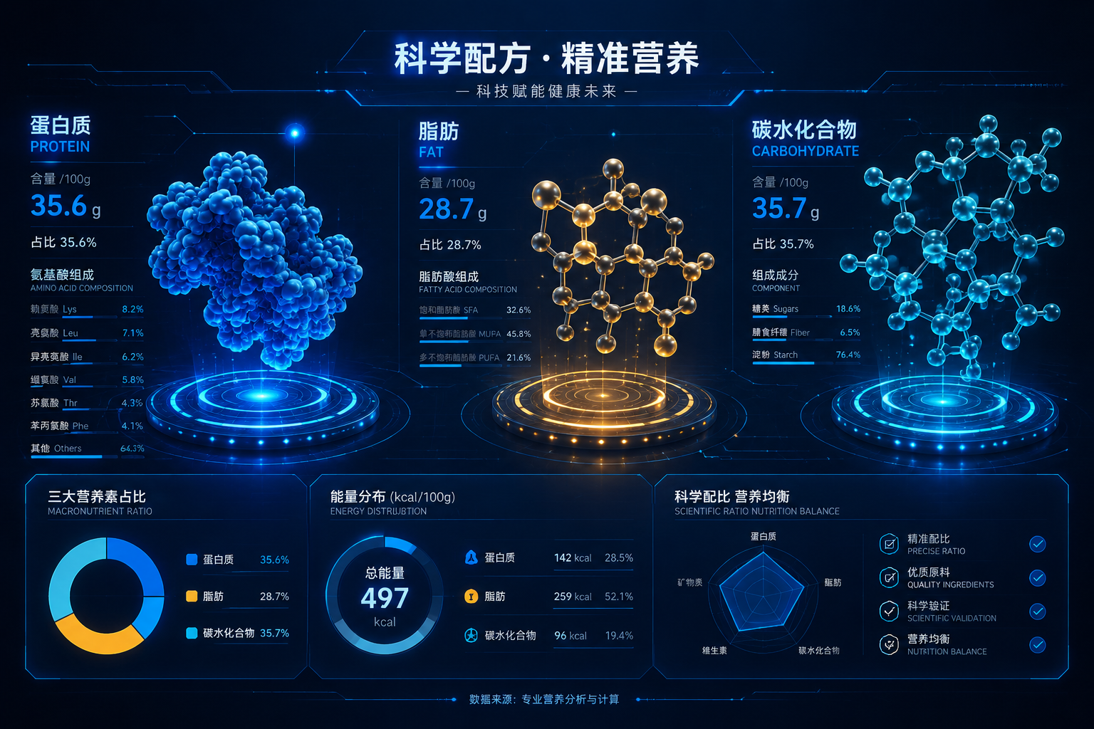 充满科技感的营养成分数据可视化图表，包含蛋白质、脂肪、碳水化合物的三维分子结构模型，背景为深蓝色，带有发光的数据线和节点，展现科学配方与精准营养，3D渲染。