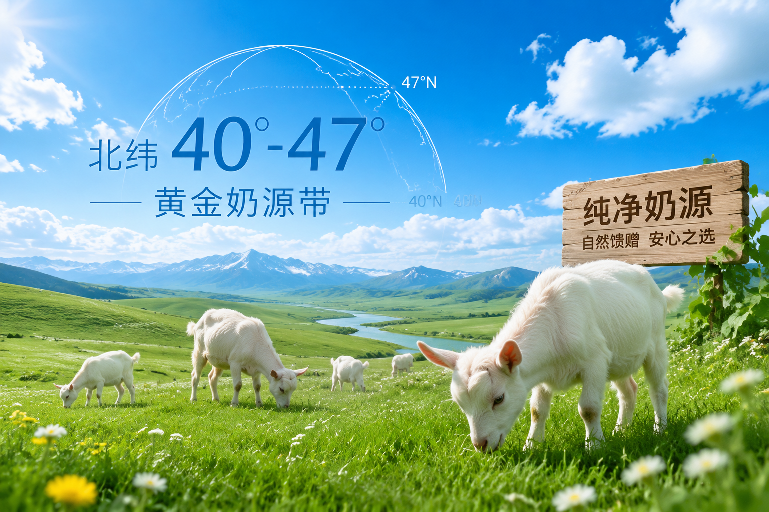 广阔的绿色草原，蓝天白云，几只可爱健康的奶羊在吃草，阳光明媚，大自然风景，高画质，清新色调，画面中融入北纬40°-47°黄金奶源带的地理坐标元素，体现纯净奶源。