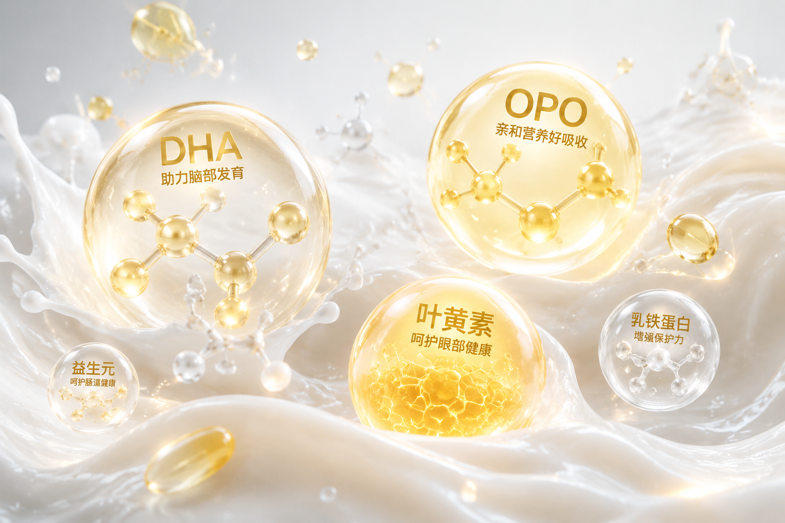 3D微观渲染图，发光的营养分子结构（代表DHA、OPO、叶黄素等），漂浮在纯净的乳白色羊奶液体中，充满科技感与健康养护概念，晶莹剔透，高品质商业插画风格。