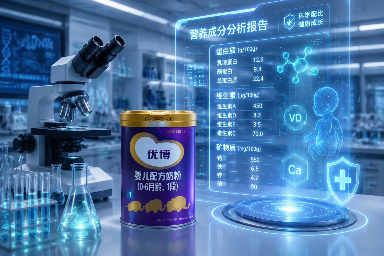 专业的营养成分检测实验室场景，显微镜，发光的试管，旁边放着优博奶粉1段，全息投影显示出蛋白质、维生素、矿物质的数据表格，科技与健康的结合。