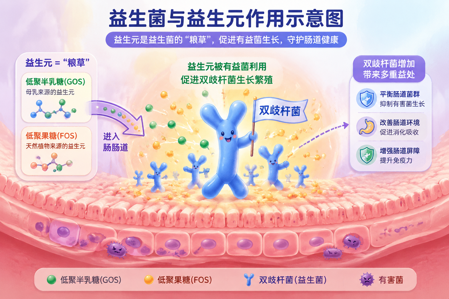 益生菌與益生元作用示意圖，生動形象的腸道微生態(tài)插畫，展現(xiàn)低聚半乳糖和低聚果糖作為“糧草”促進(jìn)雙歧桿菌生長的過程。
