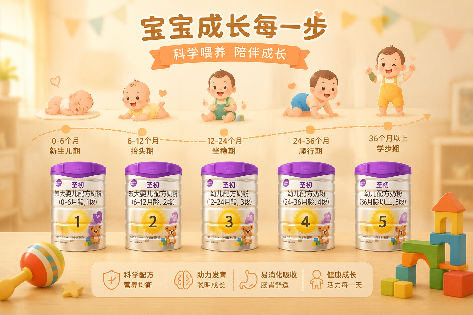 婴儿成长时间轴概念图，画面中摆放着代表不同阶段的奶粉罐剪影，旁边有可爱的婴儿玩具（如拨浪鼓、积木），色调温暖，代表着宝宝的健康成长阶段。