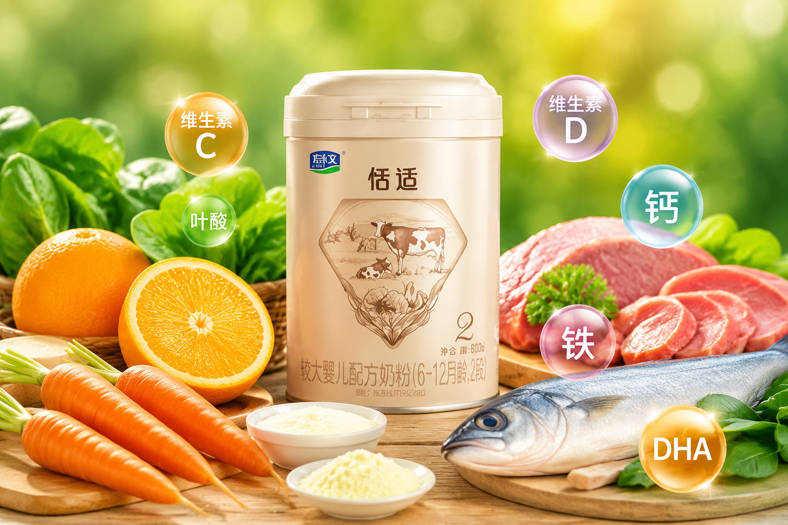 丰富的维生素和矿物质概念图。画面中包含新鲜的橙子、菠菜、胡萝卜、深海鱼和肉类的微缩模型，围绕着一罐奶粉。色彩鲜艳，充满生机与活力，高品质静物摄影。