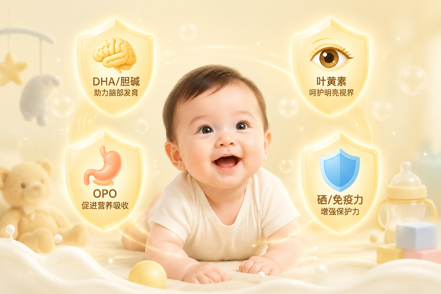 一张展示宝宝多维发育的插画图。画面中心是一个健康快乐的婴儿，周围有几个发光的图标盾牌，分别画着大脑（代表DHA/胆碱）、眼睛（代表叶黄素）、肠胃（代表OPO）和盾牌（代表硒/免疫力），色彩柔和，充满母婴关怀感。