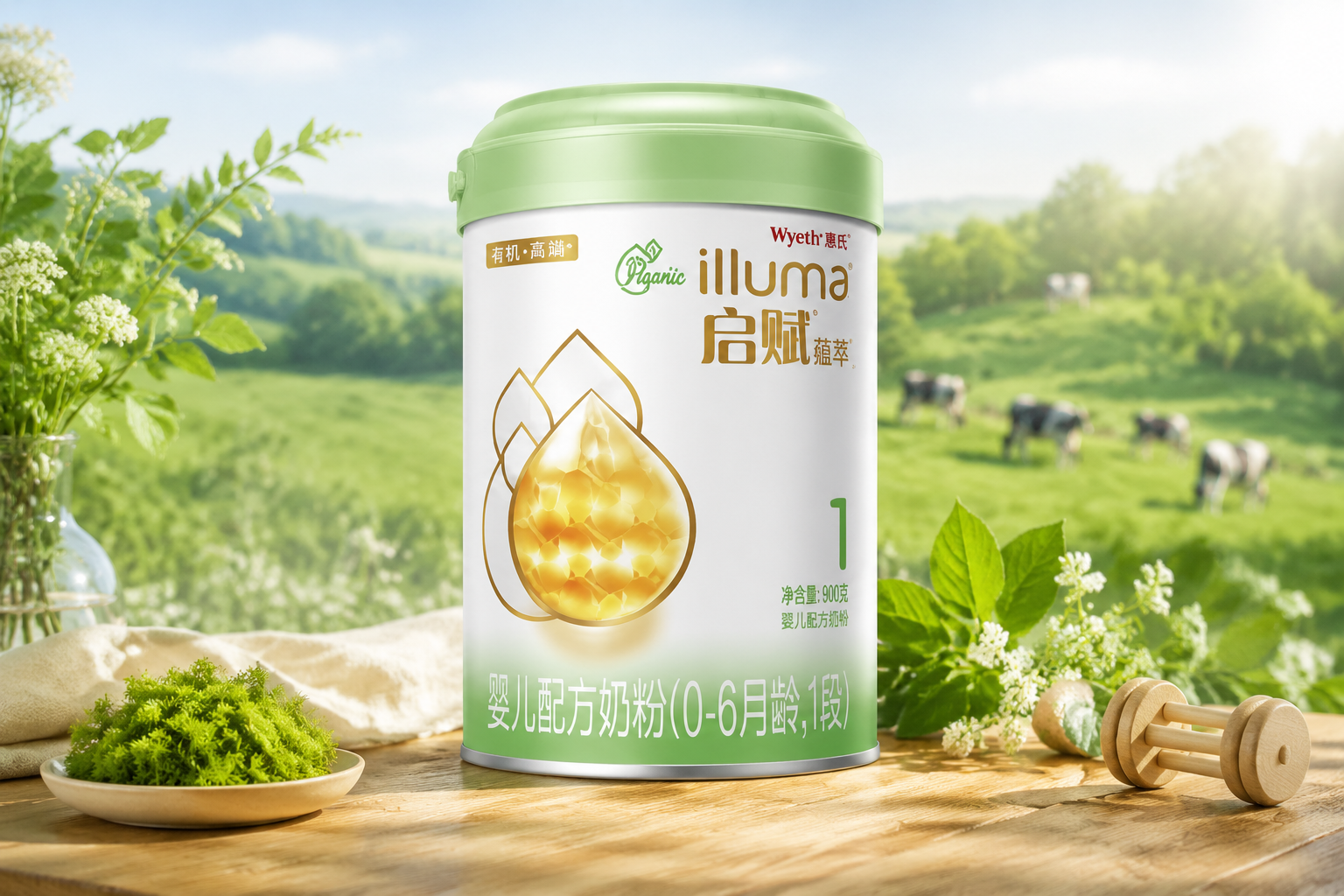一罐惠氏启赋蕴萃有机奶粉1段（900g）的高清产品图，放置在充满自然光线的木质桌面上，背景是模糊的绿色牧场，突出“有机”和“高端”的质感，摄影棚灯光，8k分辨率。