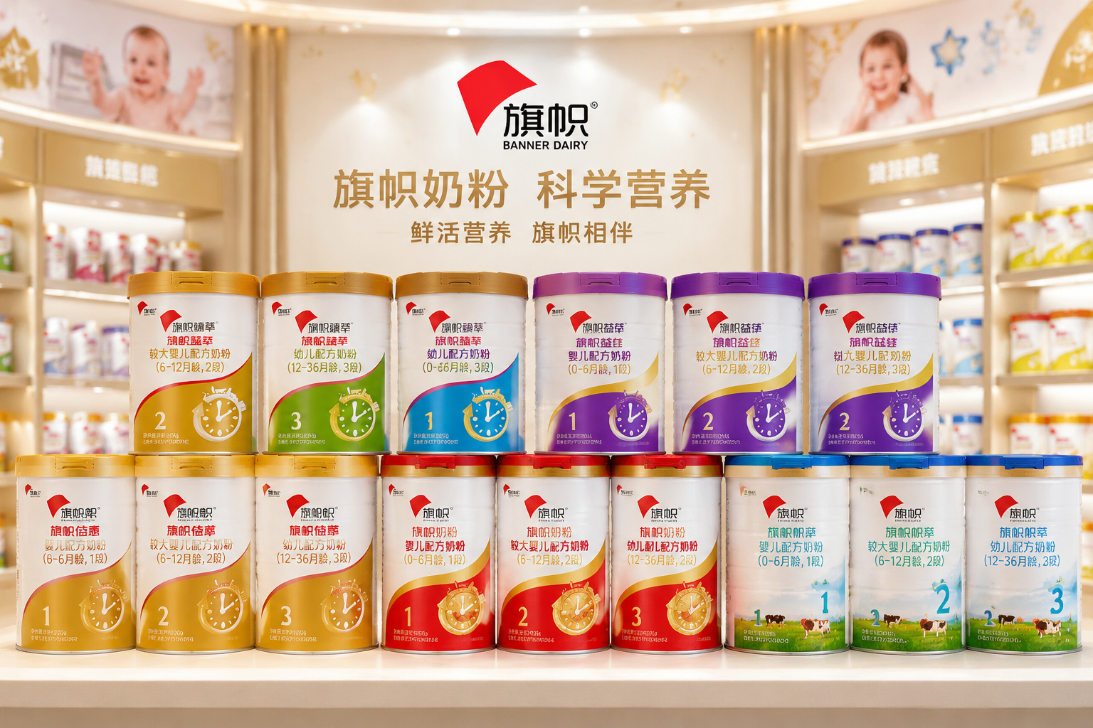 旗幟品牌旗下多款奶粉罐整齊排列的家族矩陣圖，包含1段、2段、3段奶粉，以及益佳、紅罐等不同系列，背景為高端母嬰店的陳列架，燈光明亮，展現(xiàn)品牌豐富的產(chǎn)品線。