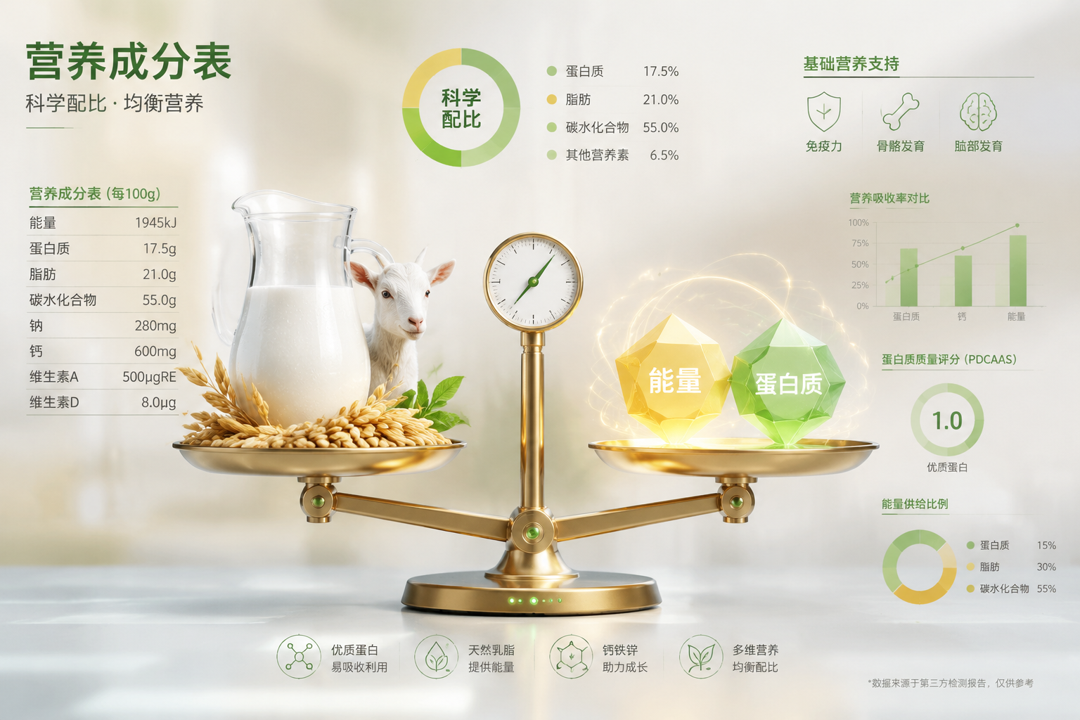 营养成分表概念图，天平一端是新鲜的羊奶和谷物，另一端是代表能量和蛋白质的发光几何体，背景有微弱的数据图表，体现基础营养的科学配比，专业测评风格。