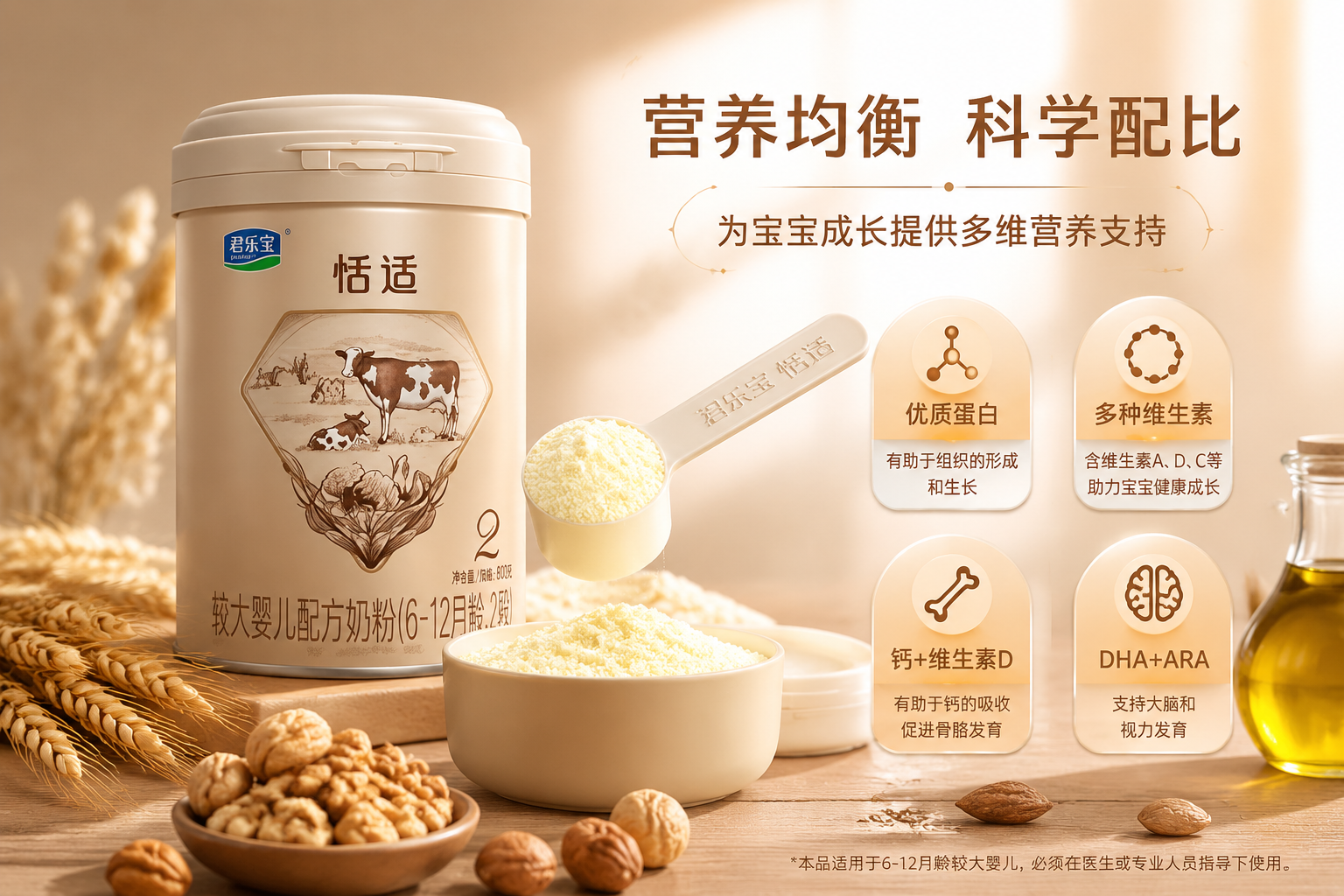 一张精美的婴儿辅食和奶粉营养数据展示图，画面中有量勺舀起细腻的奶粉，旁边配有小麦、坚果和食用油的装饰。整体色调温暖，光线柔和，突出基础营养的丰富与均衡。商业摄影风格。