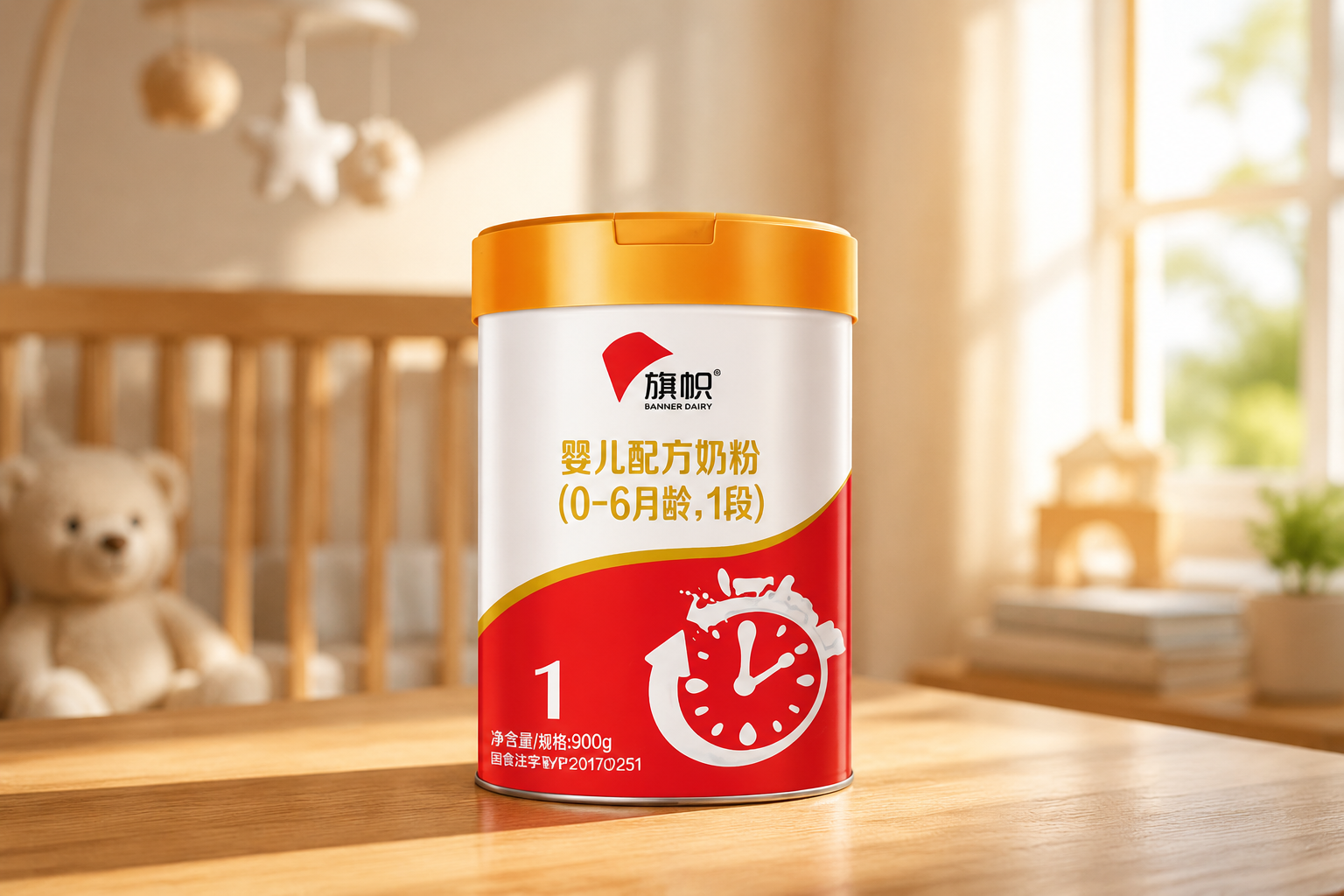 摄影级静物特写，一罐红色的婴儿奶粉（参考图）放置在整洁的木质桌面上，背景是柔和温馨的婴儿房环境，阳光透过窗户洒在奶粉罐上，暖色调，高清晰度，专业打光，展现高端品质感。 --ar 16:9