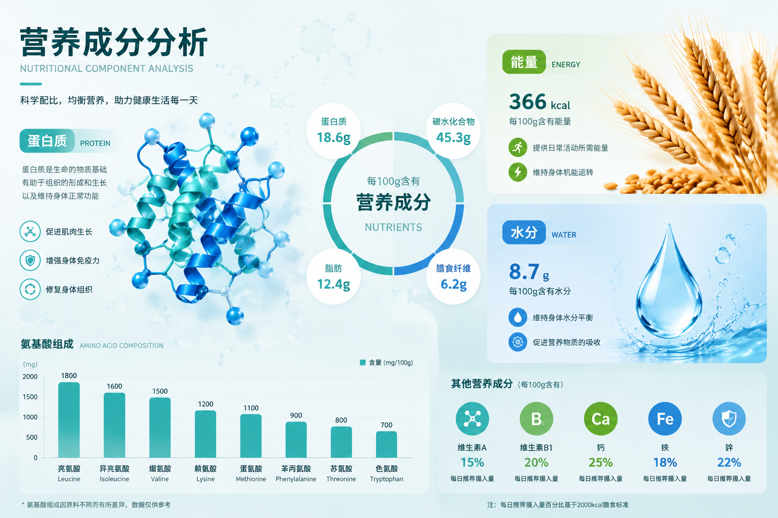 现代风格的营养成分数据可视化信息图表概念，包含蛋白质分子结构、代表能量的麦穗和水滴，整体色调清新健康，排版整洁，具有医学和营养学专业感。