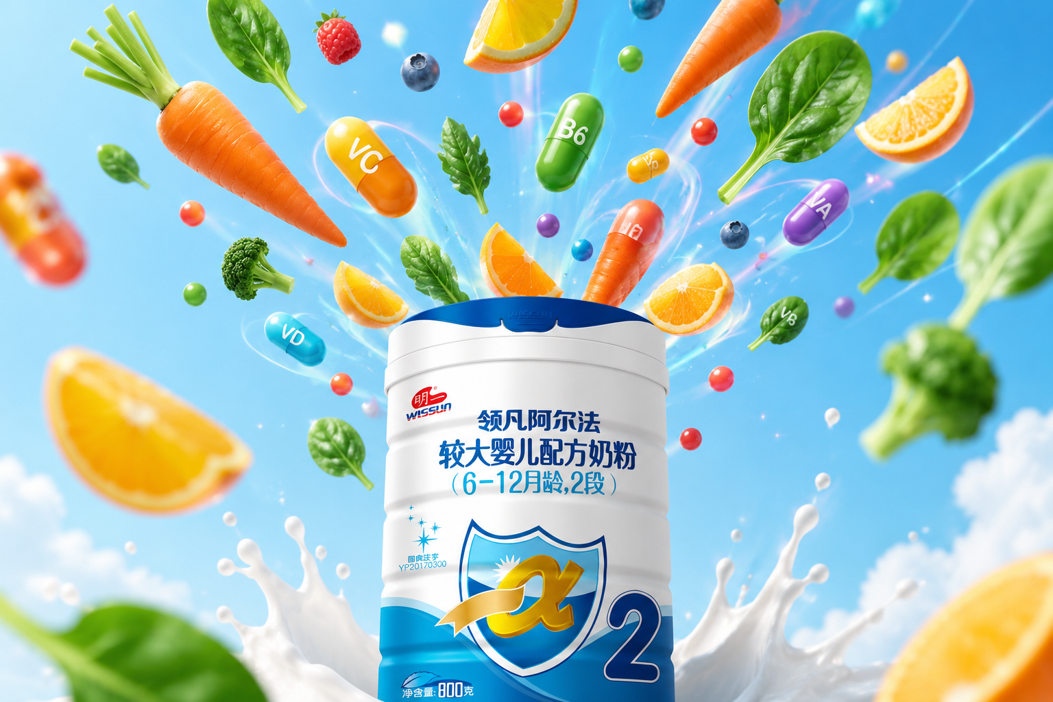 色彩繽紛的維生素膠囊和新鮮的水果蔬菜（如胡蘿卜、橙子、菠菜）在空中飛舞，落入下方純凈的奶粉罐中，畫面清新充滿活力。
