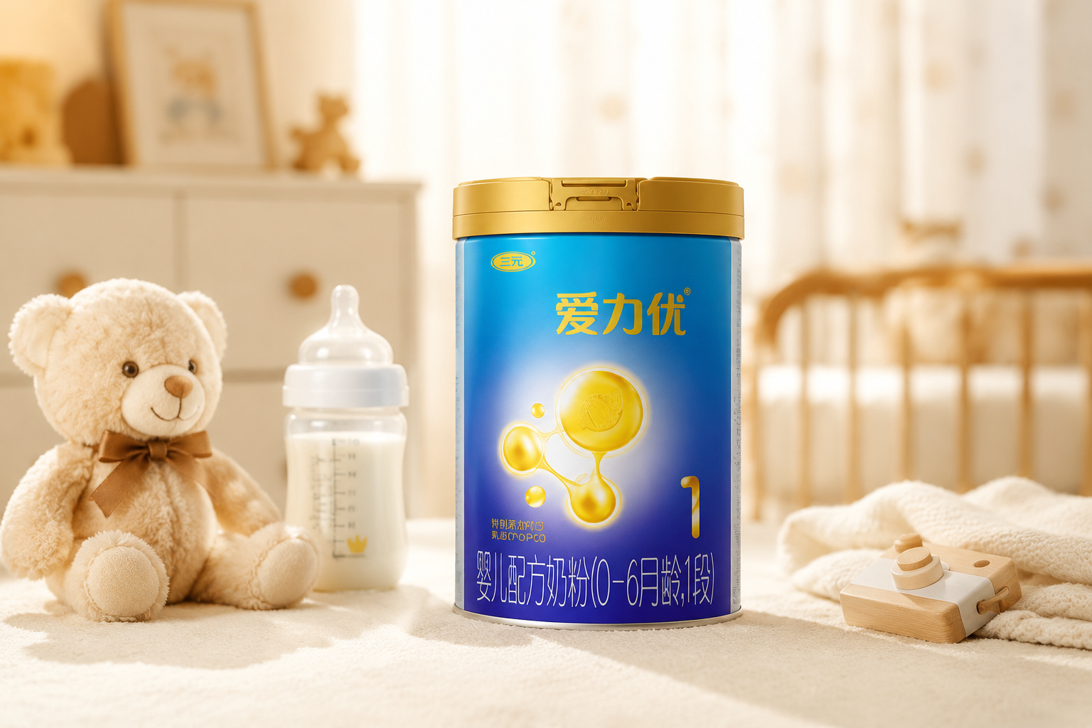 一罐三元蓝标爱力优奶粉1段的高清产品摄影图，背景为温馨的婴儿房，旁边有可爱的毛绒玩具和奶瓶，光线柔和，色调温暖，突出产品的专业感和高品质。