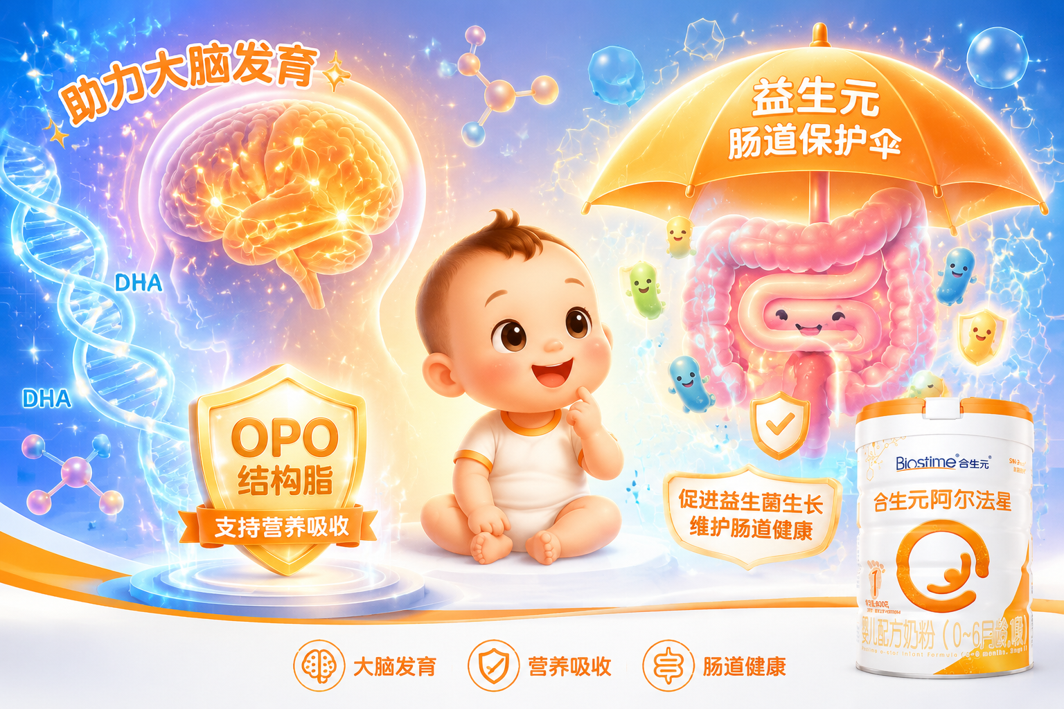 婴儿大脑发育和肠道健康的插画，画面包含发光的DNA螺旋、代表OPO结构脂的盾牌图标、以及代表益生元的肠道保护伞，色彩明快，风格可爱且具有科学感。