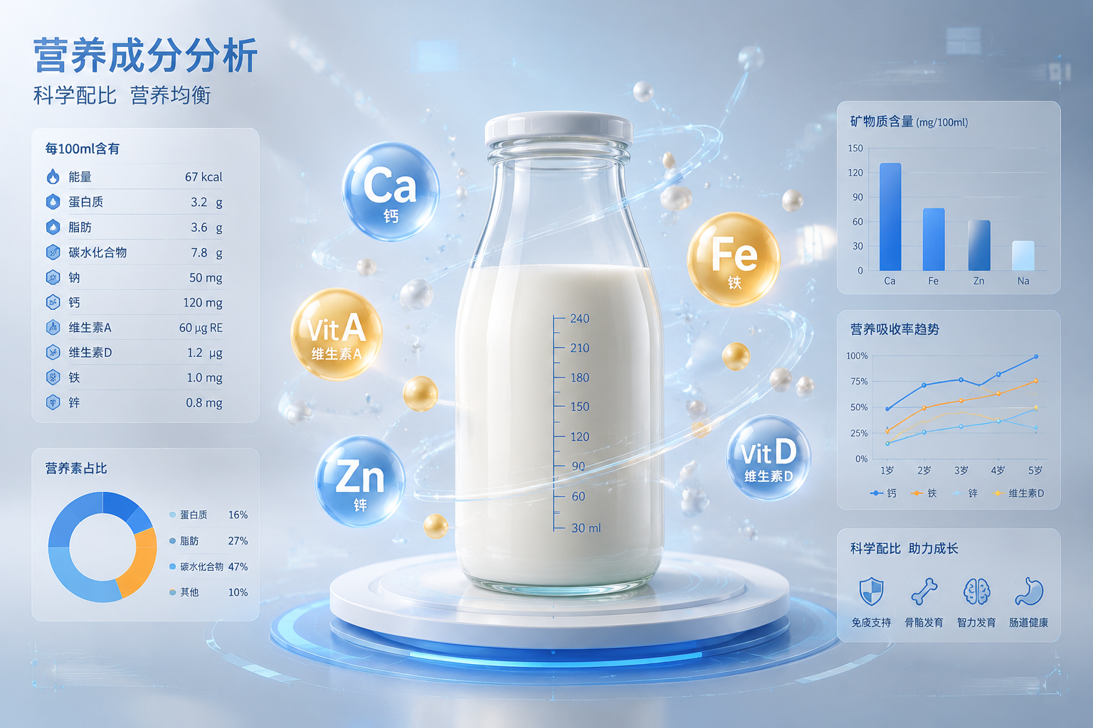 一張極具專業(yè)感的營養(yǎng)成分?jǐn)?shù)據(jù)分析圖表背景，前景是一個(gè)透明的玻璃奶瓶，里面裝著純白色的牛奶，周圍環(huán)繞著各種維生素和礦物質(zhì)的立體圖標(biāo)（如Ca, Fe, Zn, Vit A），科技藍(lán)與溫暖白配色，數(shù)據(jù)可視化風(fēng)格。