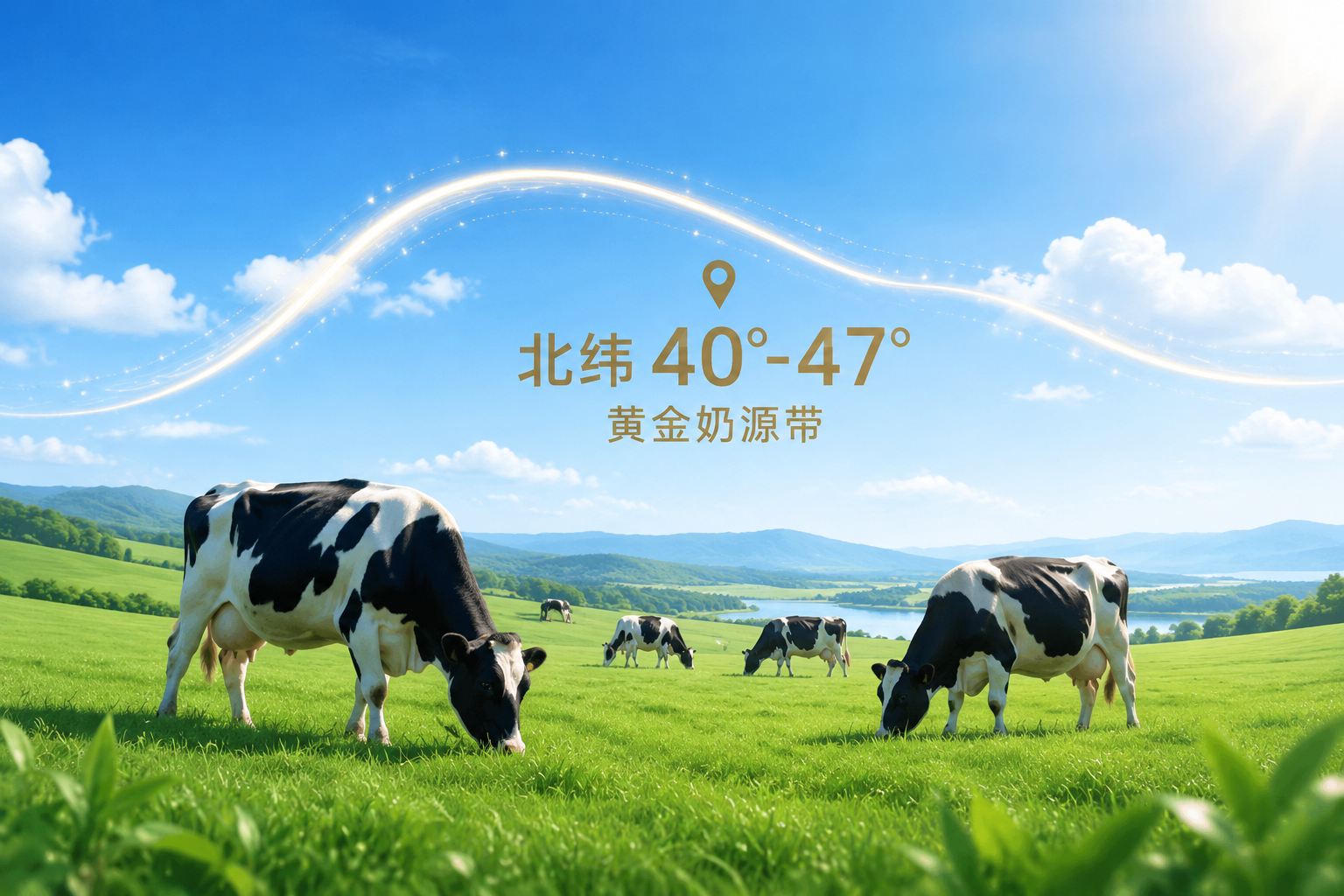 广阔的绿色牧场，蓝天白云，阳光明媚。几头健康的黑白花奶牛在吃草，画面中融入“北纬40°-47°黄金奶源带”的微光图形概念，体现奶源的纯净与自然。