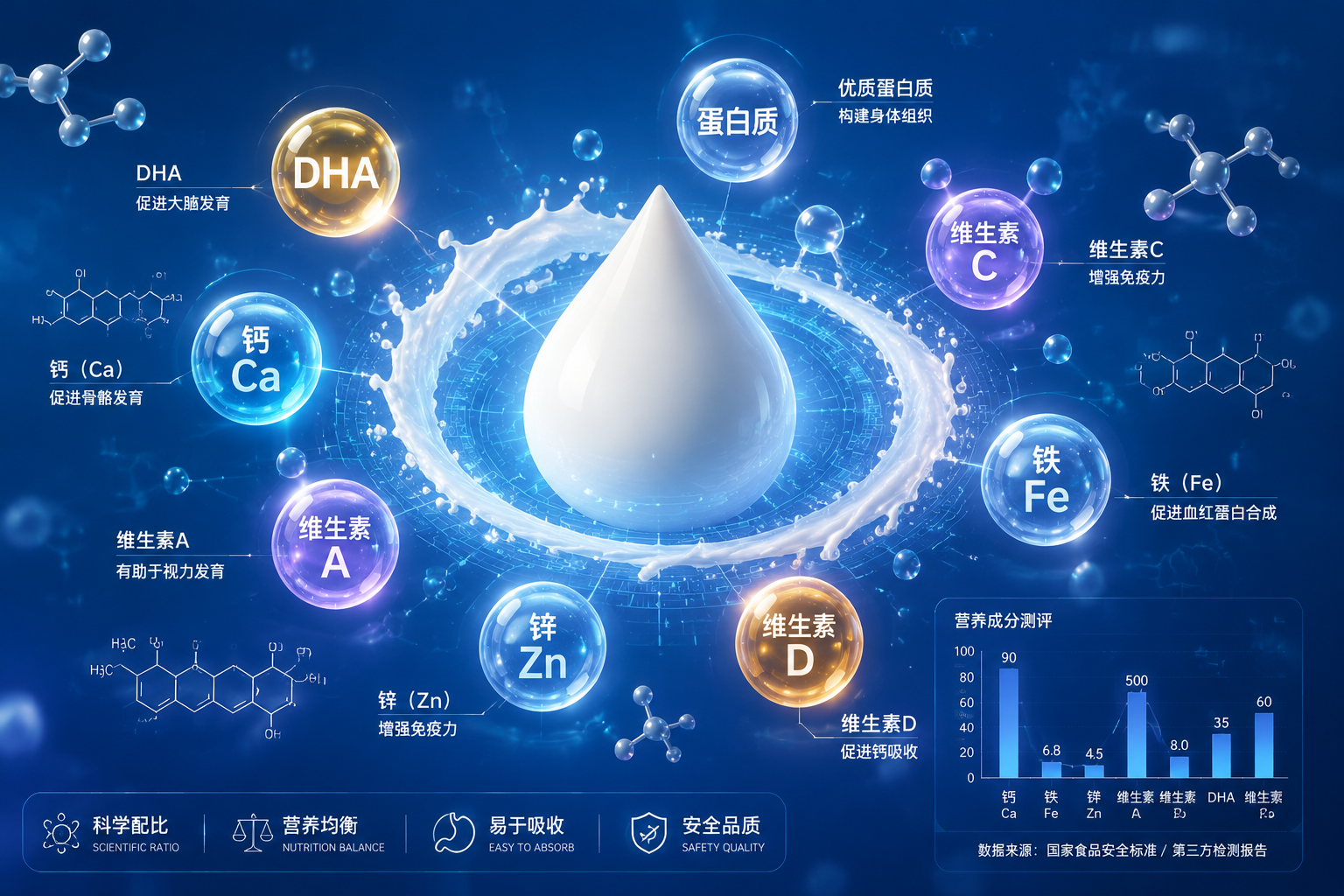充滿科技感和微觀視角的營養(yǎng)成分圖，畫面中心是一滴純白色的乳汁，周圍懸浮著各種帶有標(biāo)簽的科學(xué)分子式和發(fā)光的營養(yǎng)素小球（如鈣、鐵、鋅、維生素A、DHA等）。背景為深藍(lán)色或潔凈的醫(yī)療白，凸顯數(shù)據(jù)測評的專業(yè)度與嚴(yán)謹(jǐn)性。