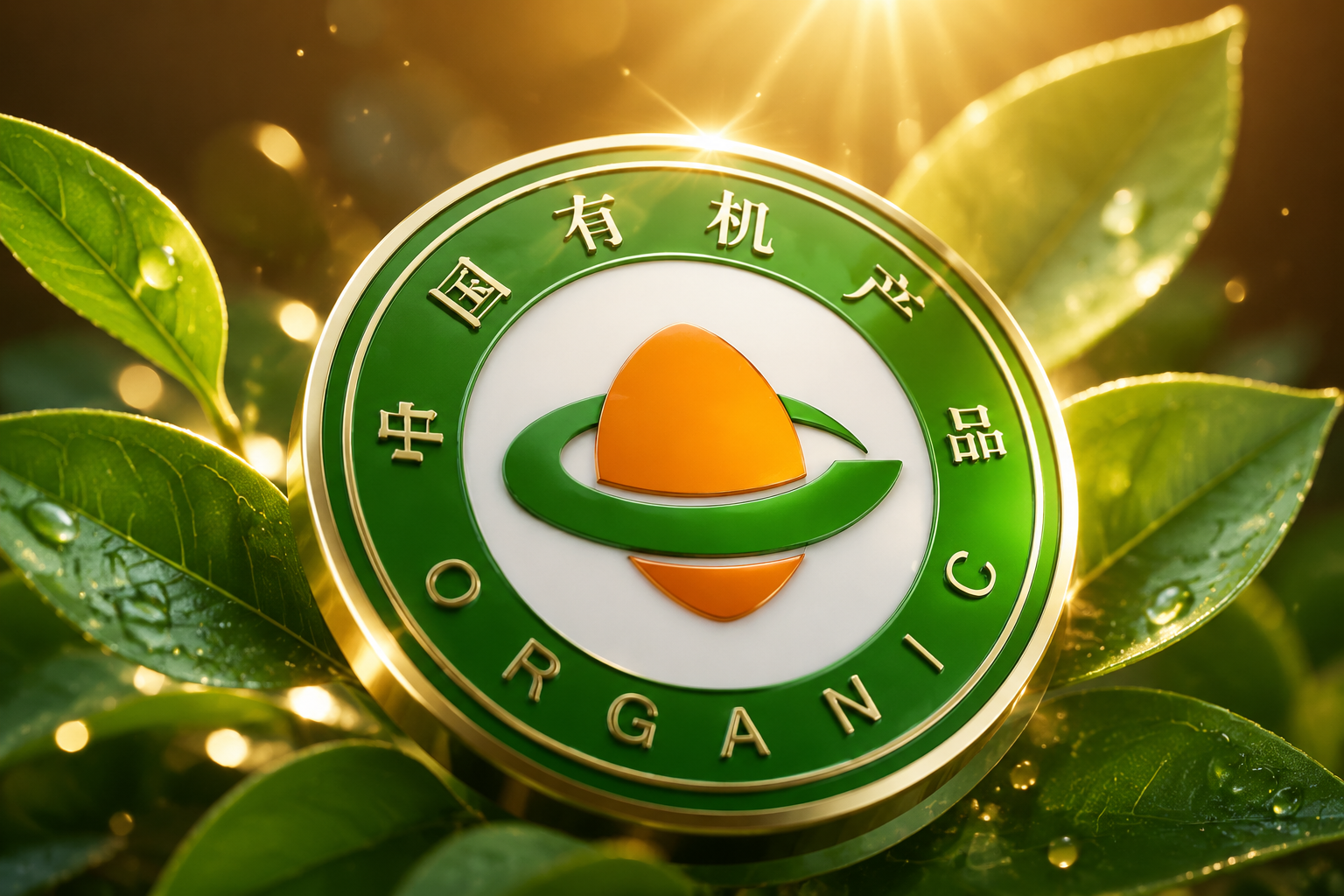 3D质感的中国有机产品认证标志（COFCC），周围环绕着象征健康的绿色叶片和金色光芒，代表着严苛的标准与高品质，高级感，微距渲染。