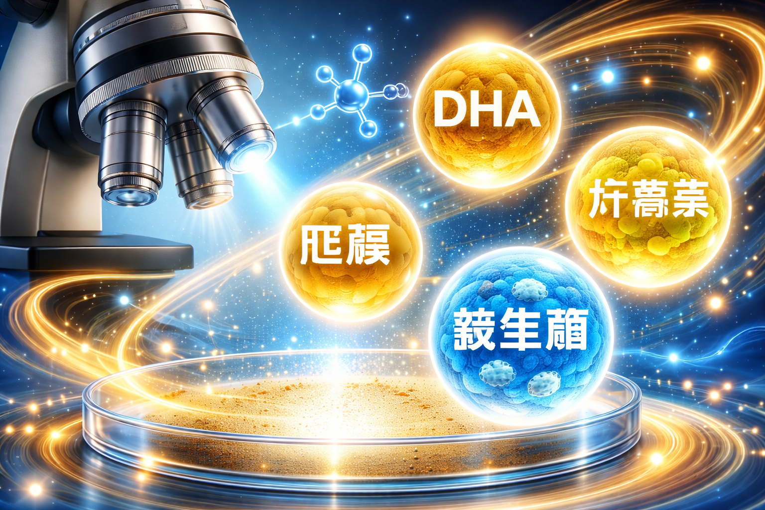 顯微鏡下的營養(yǎng)科學(xué)概念圖，漂浮著DHA、膽堿、葉黃素、益生菌等發(fā)光的營養(yǎng)分子圖標(biāo)，藍(lán)色和金色相間的科技感背景，寓意全面營養(yǎng)配方，視覺沖擊力強(qiáng)。