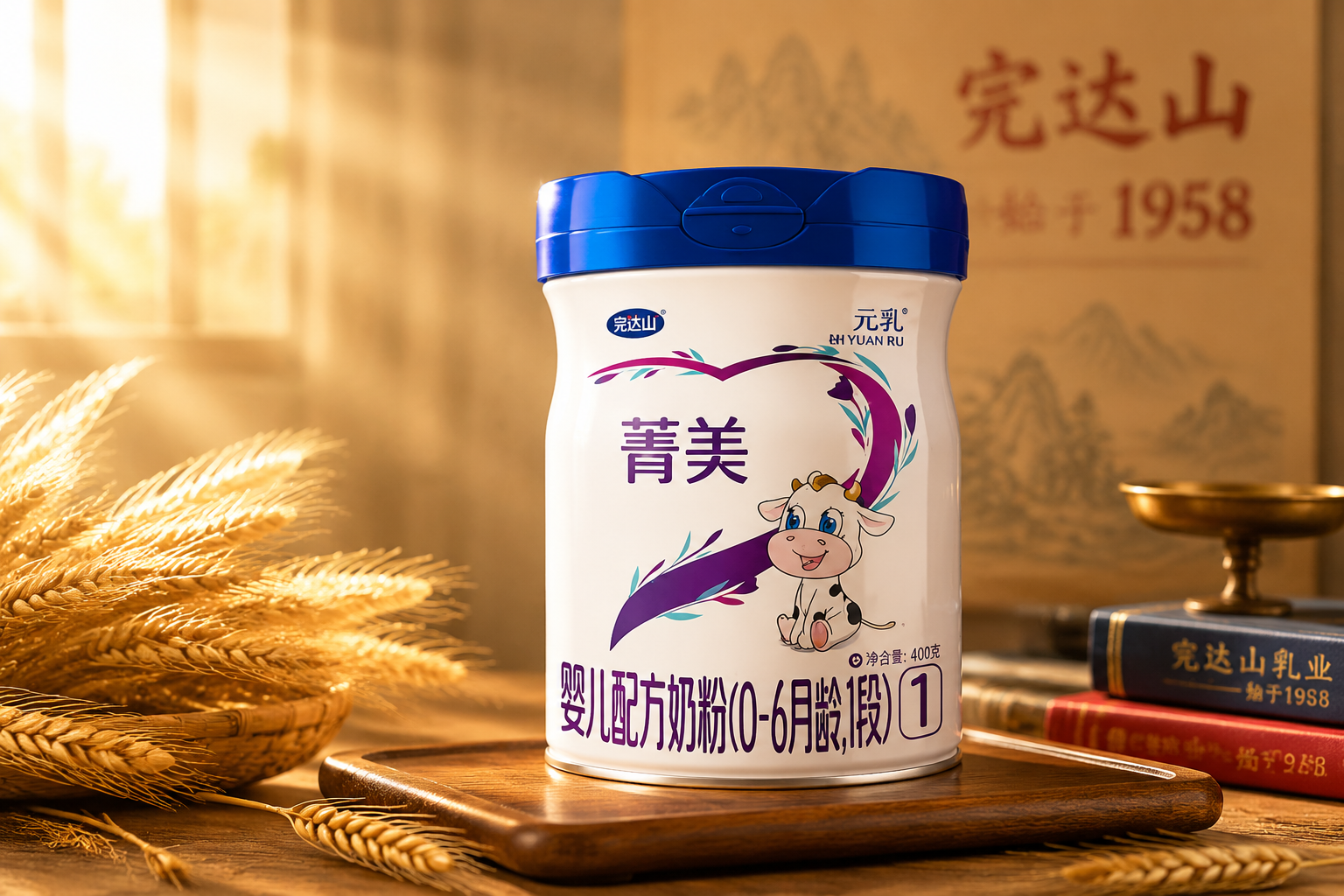 摄影级，高端奶粉产品展示图，一罐完达山菁美1段奶粉放置在木质桌面上，背景是柔和的暖色调，带有老牌国货的复古与信赖感，旁边点缀一些麦穗和阳光光斑，画面清晰，富有质感，专业打光。