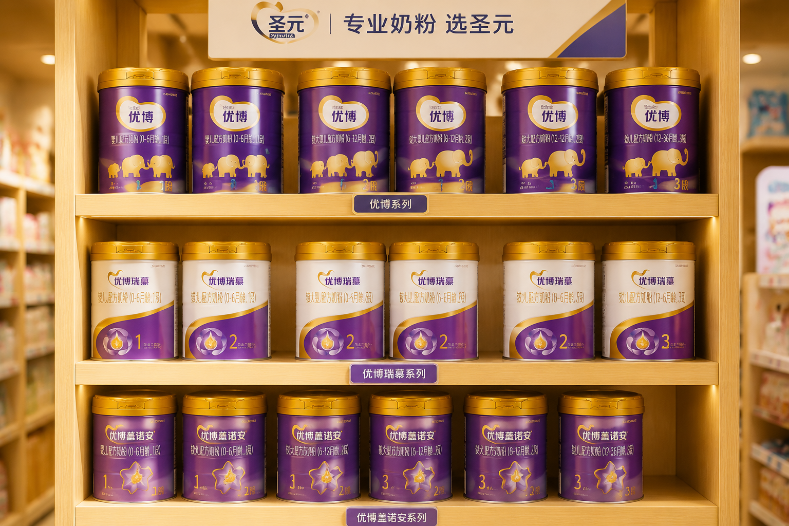 精致的母嬰店木質(zhì)貨架上，整齊排列著不同段數(shù)（1段、2段、3段）和不同系列（優(yōu)博、優(yōu)博瑞慕）的圣元奶粉罐，柔和溫暖的燈光打在產(chǎn)品上，展現(xiàn)品牌豐富的產(chǎn)品線。