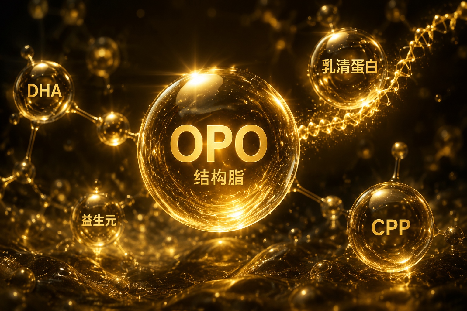 微观视角的金色发光粒子，代表珍稀的特色营养成分（如OPO、乳清蛋白），充满高级感和科学感，暗色背景衬托。