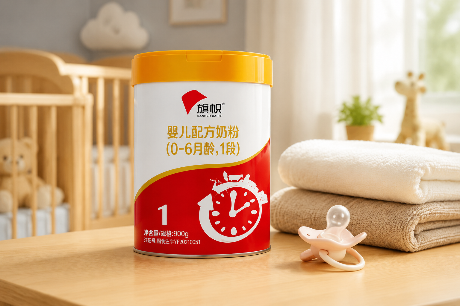 一罐红色的旗帜婴儿奶粉1段放置在温馨的婴儿房木桌上，旁边有柔软的婴儿毛巾和安抚奶嘴，光线柔和，专业摄影，高分辨率，产品展示风格。