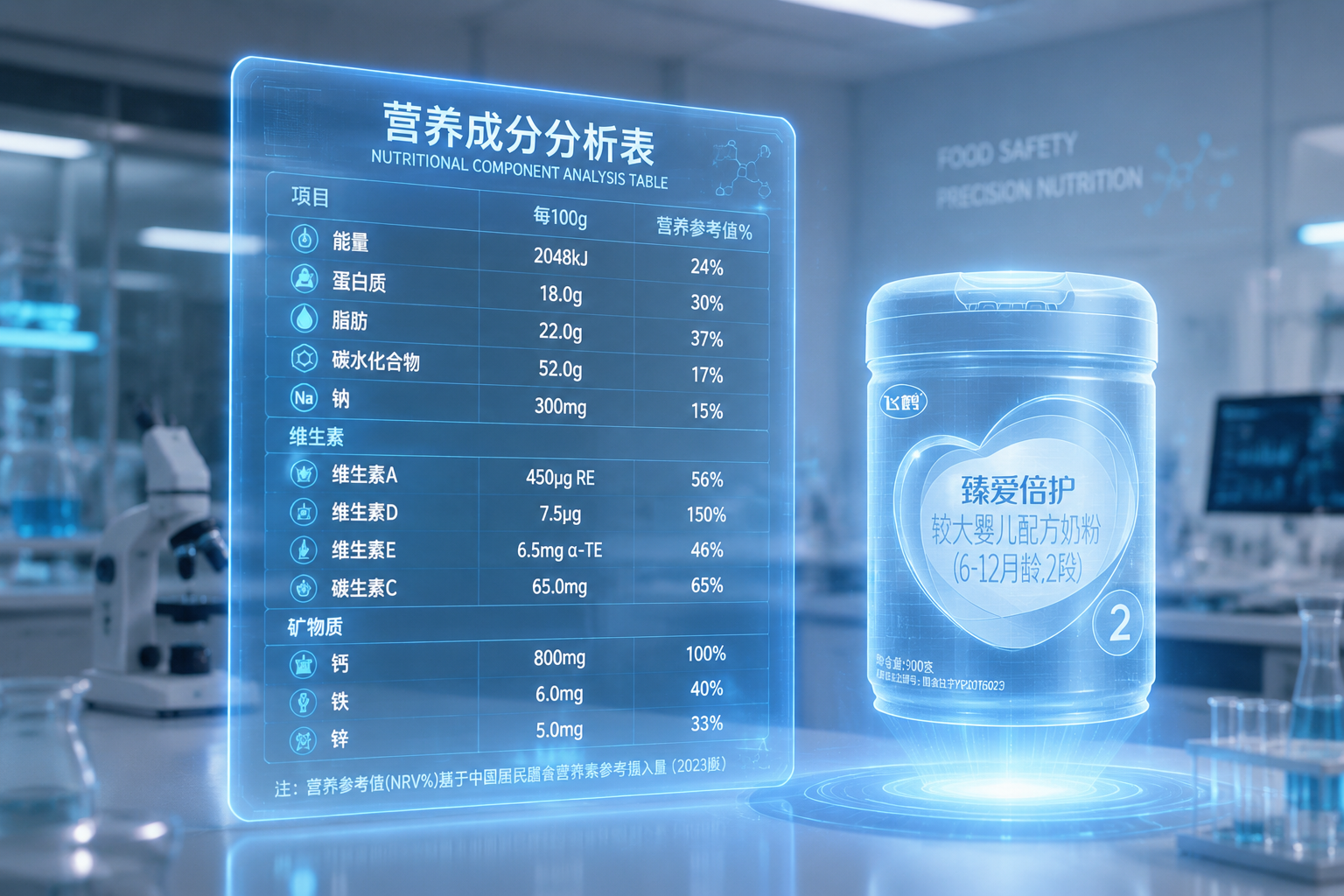 一张高端的半透明营养成分分析表悬浮在空中，带有全息发光投影效果，背景是现代化的无菌食品实验室，旁边有一罐奶粉的虚影，体现专业、精准、科学的数据测评风格。