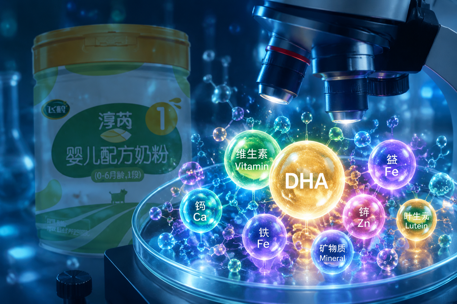 显微镜下的营养元素发光粒子，代表着DHA、维生素、矿物质等微量元素，色彩斑斓且充满科技感，背景隐约可见飞鹤奶粉罐的轮廓，科学实验室风格。