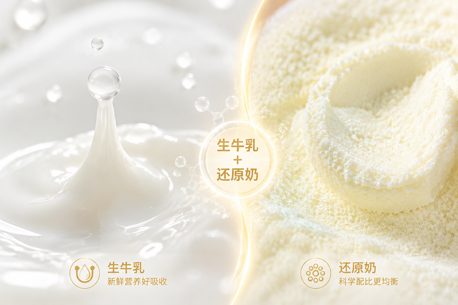 奶粉原料解析概念圖。微距鏡頭拍攝，左側(cè)是晶瑩剔透的一滴新鮮牛奶飛濺，右側(cè)是細(xì)膩的奶粉粉末，中間由一條發(fā)光的界線隔開，展現(xiàn)“生牛乳”與“還原奶”混合的工藝感。畫面清晰，質(zhì)感強(qiáng)烈，明亮清爽的色調(diào)。