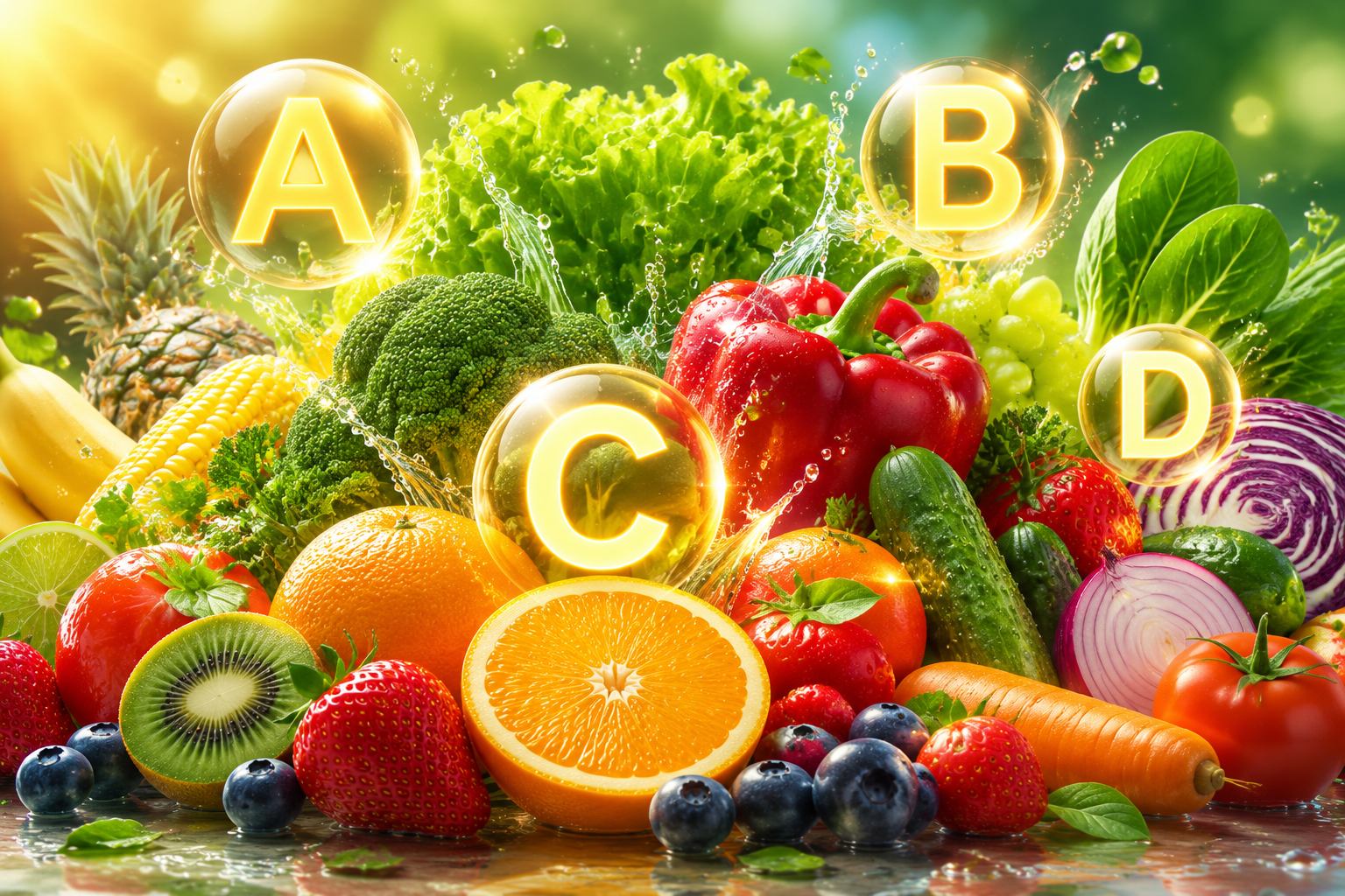 色彩繽紛的新鮮水果、蔬菜與發(fā)光的A、B、C、D維生素字母交織在一起，展現(xiàn)出滿滿的活力與天然營養(yǎng)素。