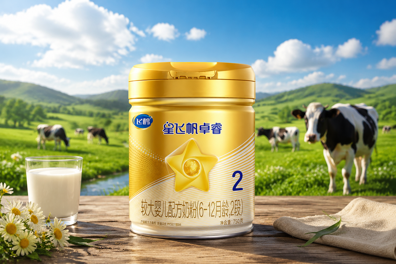 攝影級(jí)高清圖，一罐飛鶴星飛帆卓睿奶粉放置在綠草如茵的牧場(chǎng)木桌上，背景是藍(lán)天白云和溫順的奶牛，陽(yáng)光明媚，突出黃金奶源帶的自然與純凈感，8k分辨率，逼真質(zhì)感。