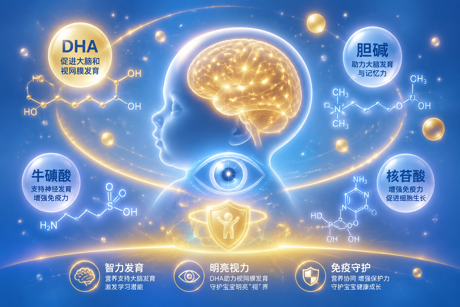 概念化插画设计。一个发光的婴儿大脑轮廓和明亮的眼睛图标，周围环绕着代表DHA、胆碱、牛磺酸、核苷酸的分子结构式和发光粒子，象征着奶粉配方对宝宝智力、视力和免疫力的全面守护。