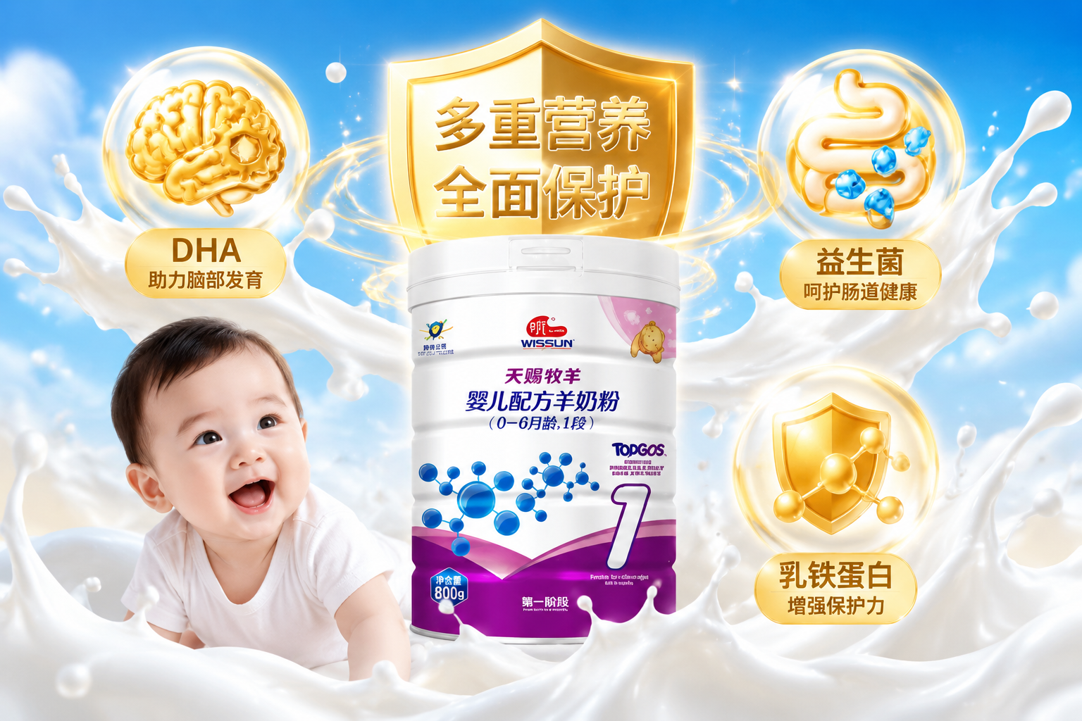 充满活力的婴儿健康概念图，纯净的牛奶飞溅中带有闪亮的金色盾牌图标、大脑齿轮图标和肠道益生菌图标，象征着DHA、乳铁蛋白和益生菌的强化配方，色彩明亮，充满生机。