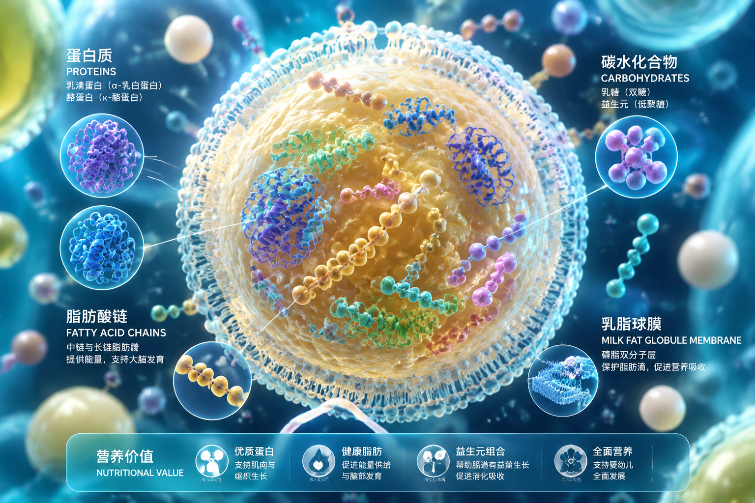 微觀視角的科學(xué)插畫，展示牛奶滴中包含的蛋白質(zhì)分子、脂肪酸鏈和碳水化合物結(jié)構(gòu)，充滿高科技和營(yíng)養(yǎng)學(xué)的視覺(jué)感，色彩豐富。