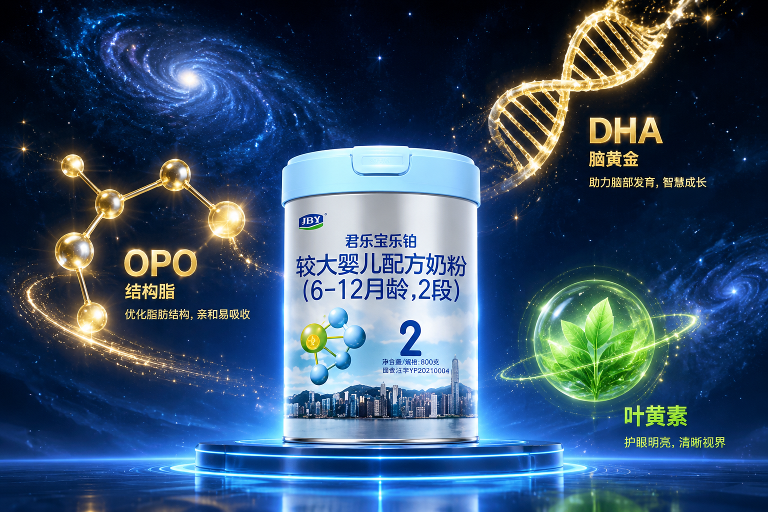 充满未来科技感的营养配方展示，金色的OPO分子结构模型、DHA双螺旋结构和绿色的叶黄素提取物悬浮在半空中，散发着柔和的微光，背景是深蓝色的星空质感，高端大气。
