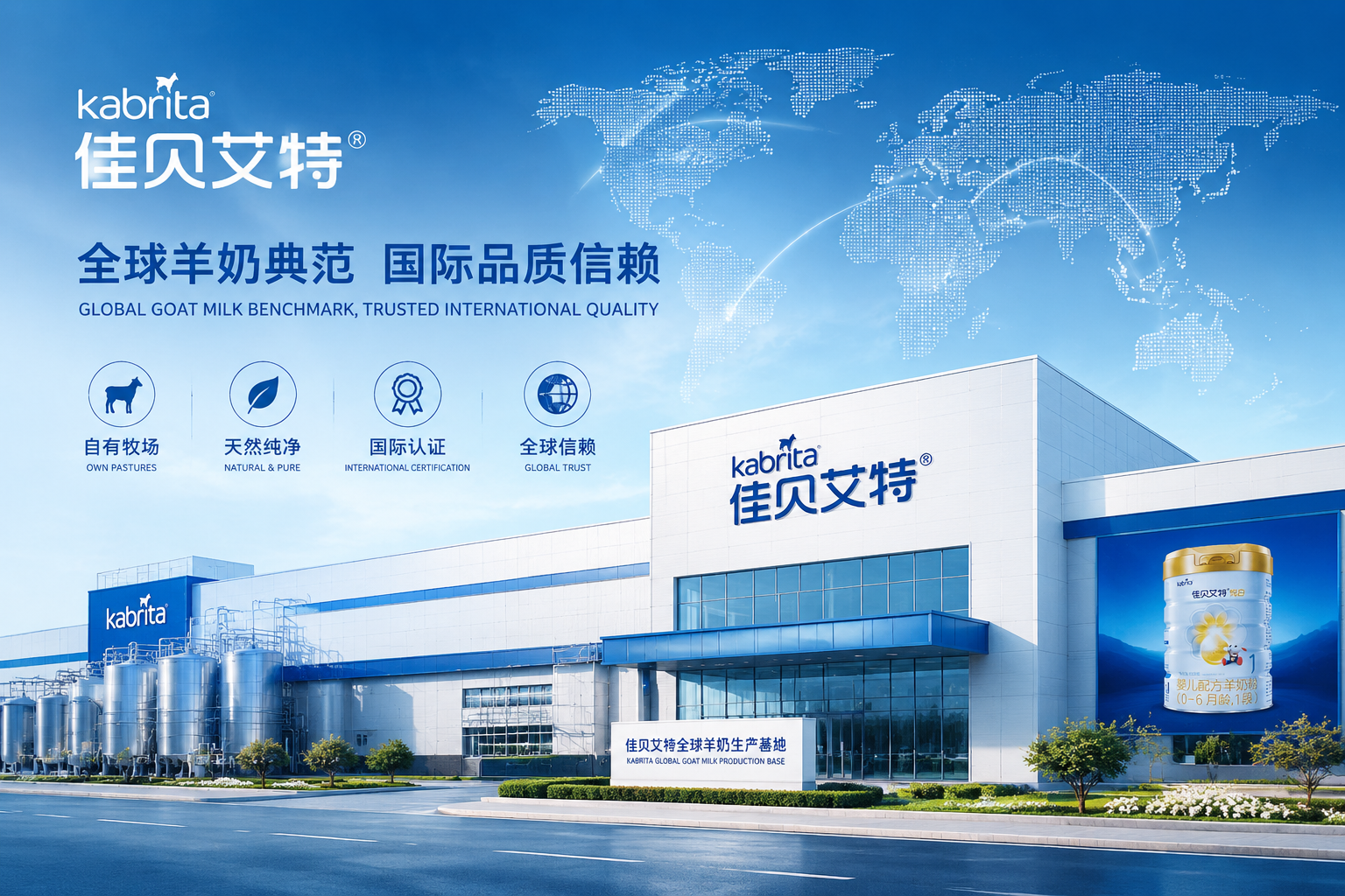现代化的国际乳制品工厂外观，背景是世界地图的虚影，画面中融入佳贝艾特品牌的元素，色调以科技蓝和纯净白为主，彰显品牌雄厚的国际化实力和专业背景。