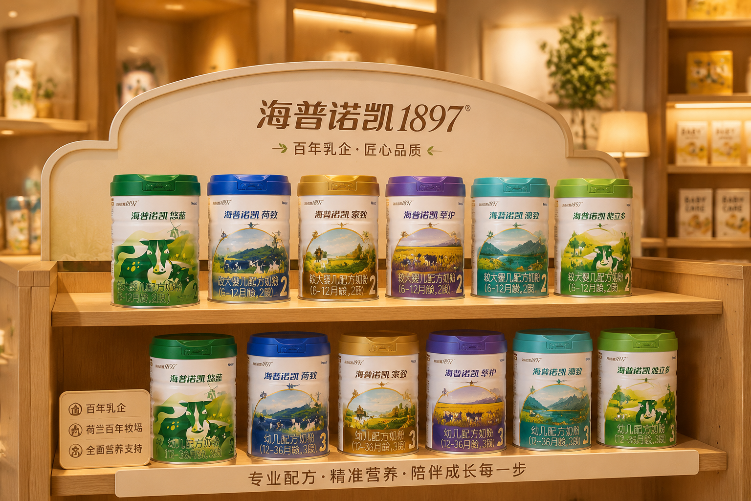 幾罐不同段數(shù)和系列的海普諾凱1897奶粉整齊排列在高端母嬰店的木質(zhì)展示架上，燈光柔和，突出品牌的家族化和專業(yè)細(xì)分，畫面溫馨且富有品質(zhì)感。