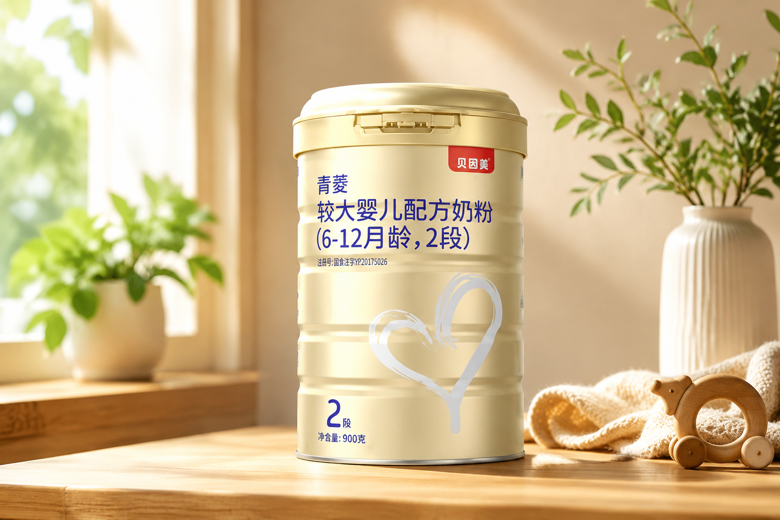 一罐包裝精美的嬰幼兒奶粉放在溫馨的木質(zhì)桌面上，旁邊有綠植和柔和的陽光灑落，展現(xiàn)出安全、純凈的母嬰產(chǎn)品氛圍，高品質(zhì)商業(yè)攝影，8k分辨率
