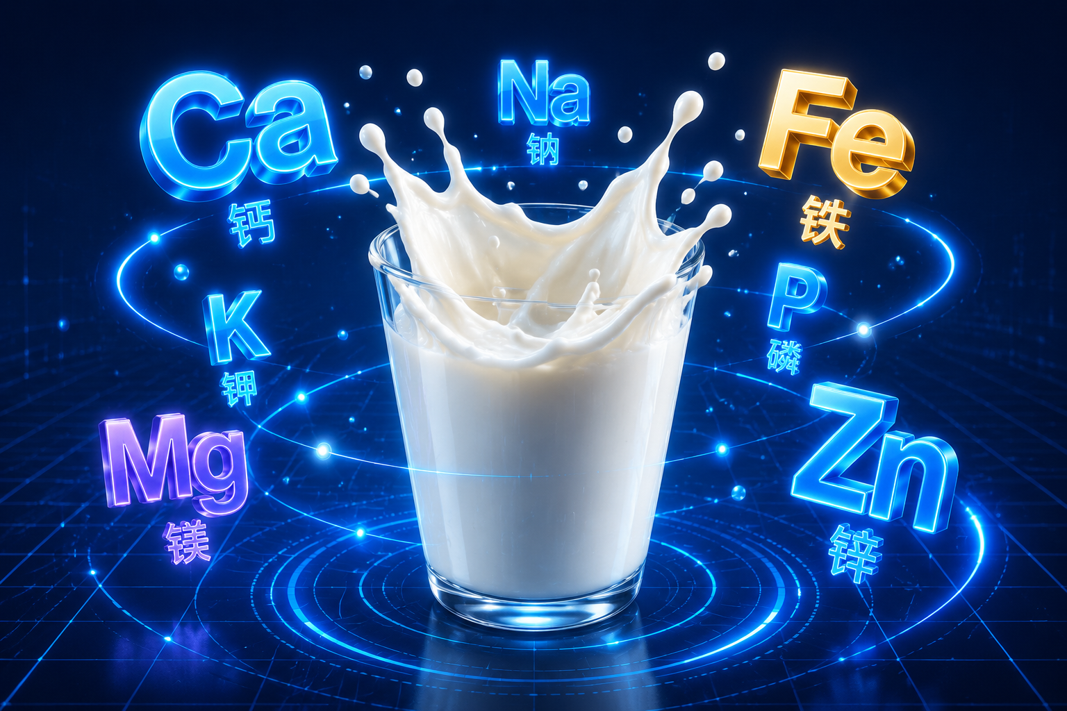 各種礦物質(zhì)元素（如鈣、鐵、鋅的化學(xué)符號）以發(fā)光的3D立體字形式環(huán)繞著一杯飛濺的牛奶，背景為深藍(lán)色科技感網(wǎng)格。