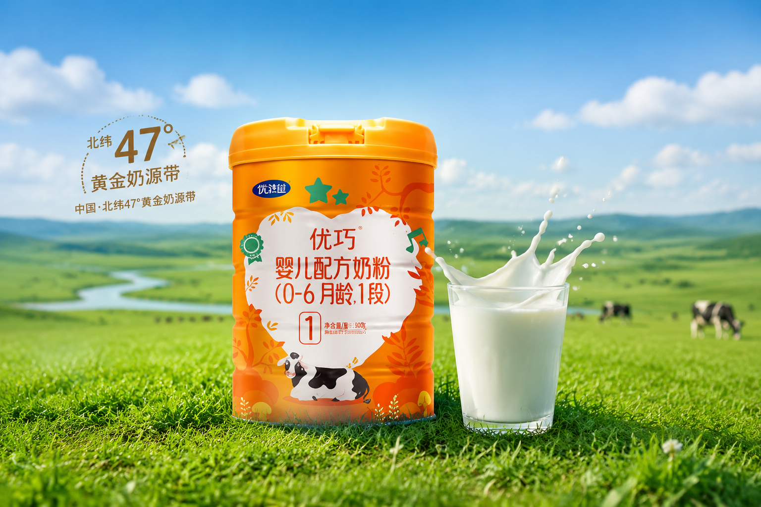 一罐婴儿奶粉放置在新鲜牧草上，背景是北纬47度黄金奶源带的中国广阔草原，旁边有一杯飞溅的纯净鲜牛奶，自然光，清新唯美风格，体现原生态与新鲜。