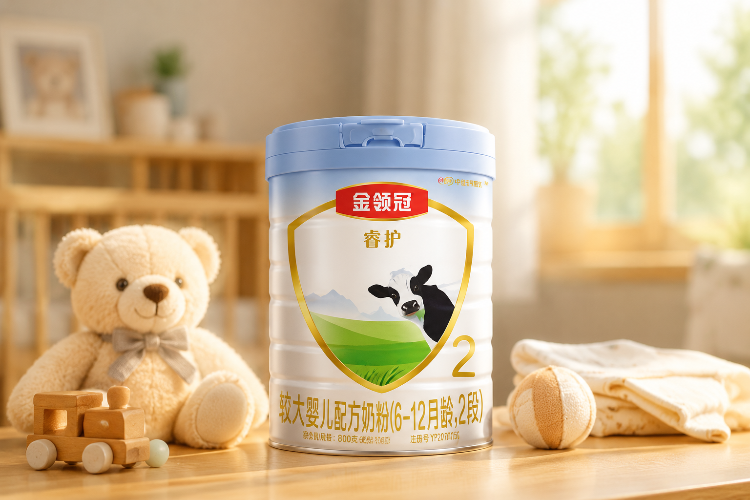 一罐伊利金領冠睿護奶粉放在溫馨的嬰兒房木質桌面上，旁邊有可愛的毛絨玩具和一縷溫暖的陽光，高分辨率，柔和光線，專業(yè)產品攝影，逼真細節(jié)。