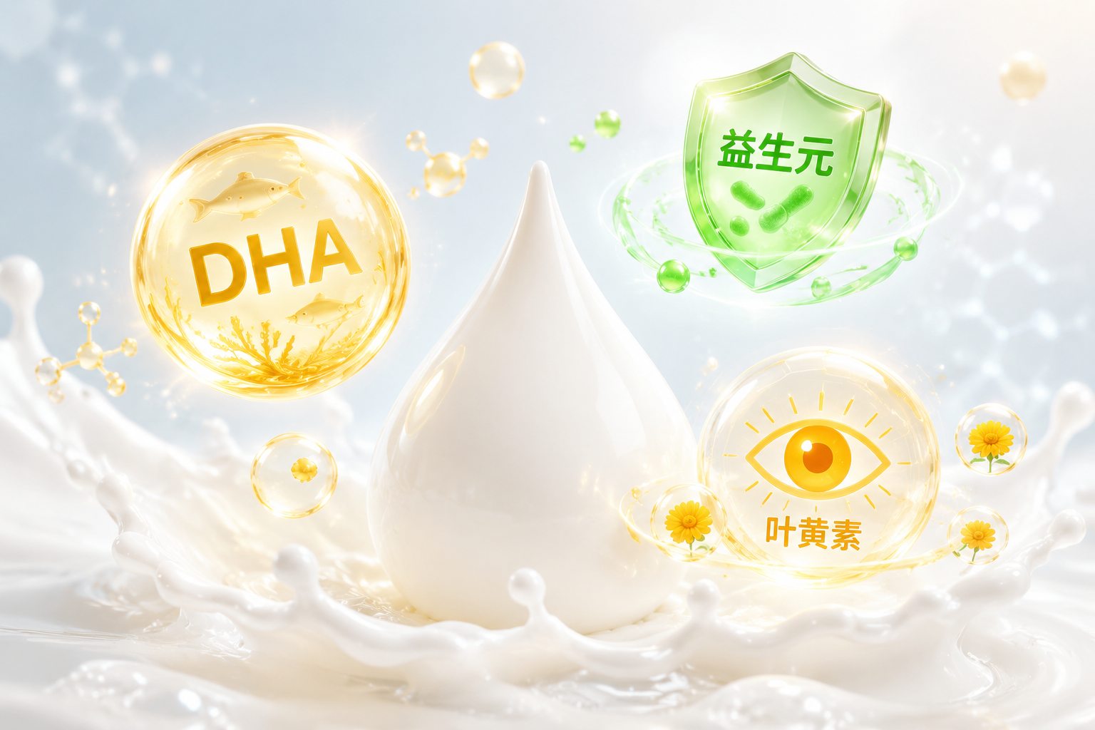 3D微觀視覺風(fēng)格的營養(yǎng)元素插畫，包含代表DHA的金色海洋氣泡、代表益生元的綠色護盾、以及代表葉黃素的明亮眼睛符號，懸浮在純凈的白色奶滴周圍，科技感與自然感結(jié)合，色彩明亮柔和。