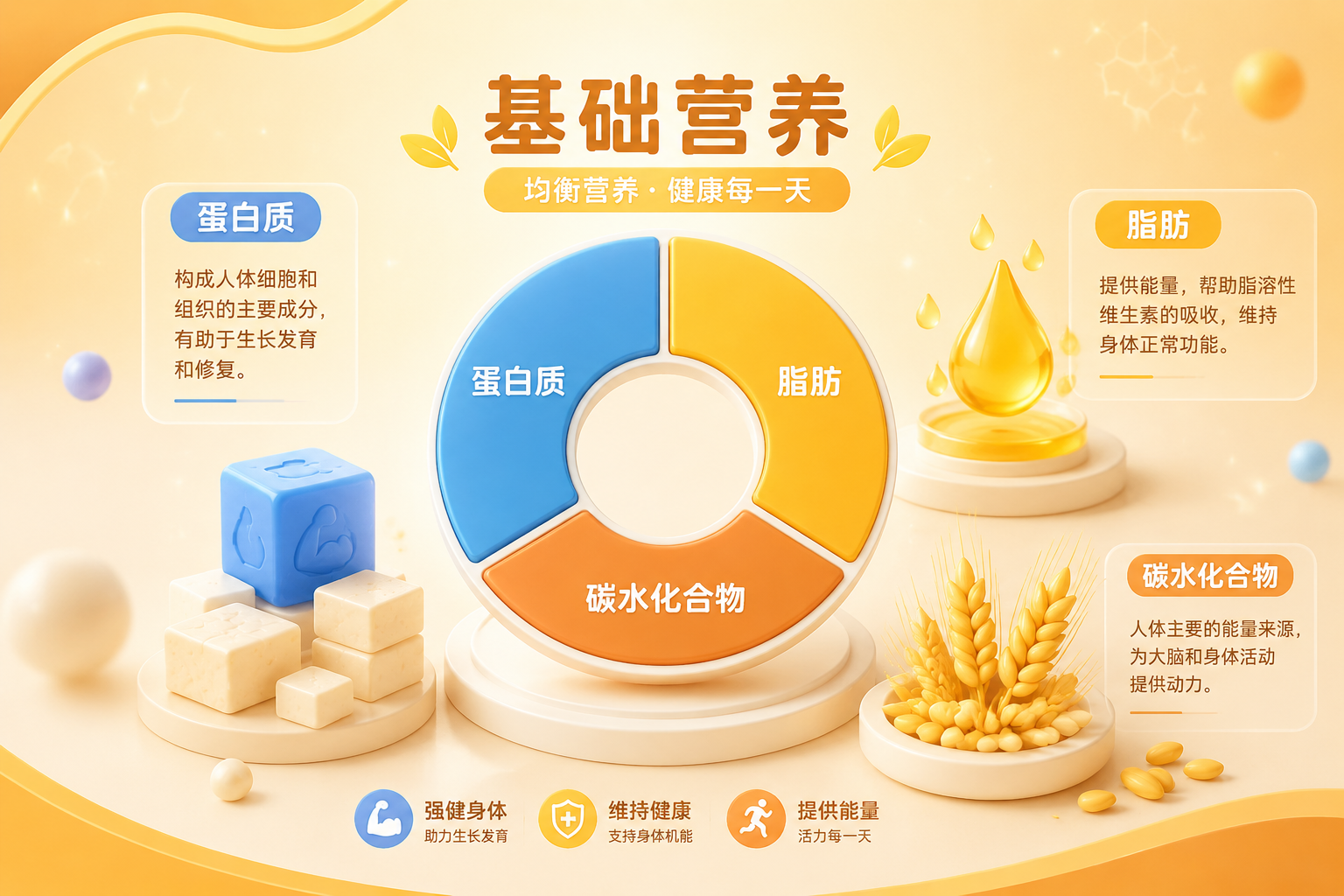 基础营养成分的可视化信息图表背景。包含蛋白质、脂肪、碳水化合物的可爱3D抽象图形（如麦穗代表碳水，水滴代表脂肪，小块代表蛋白），风格温馨健康，配以暖色调。