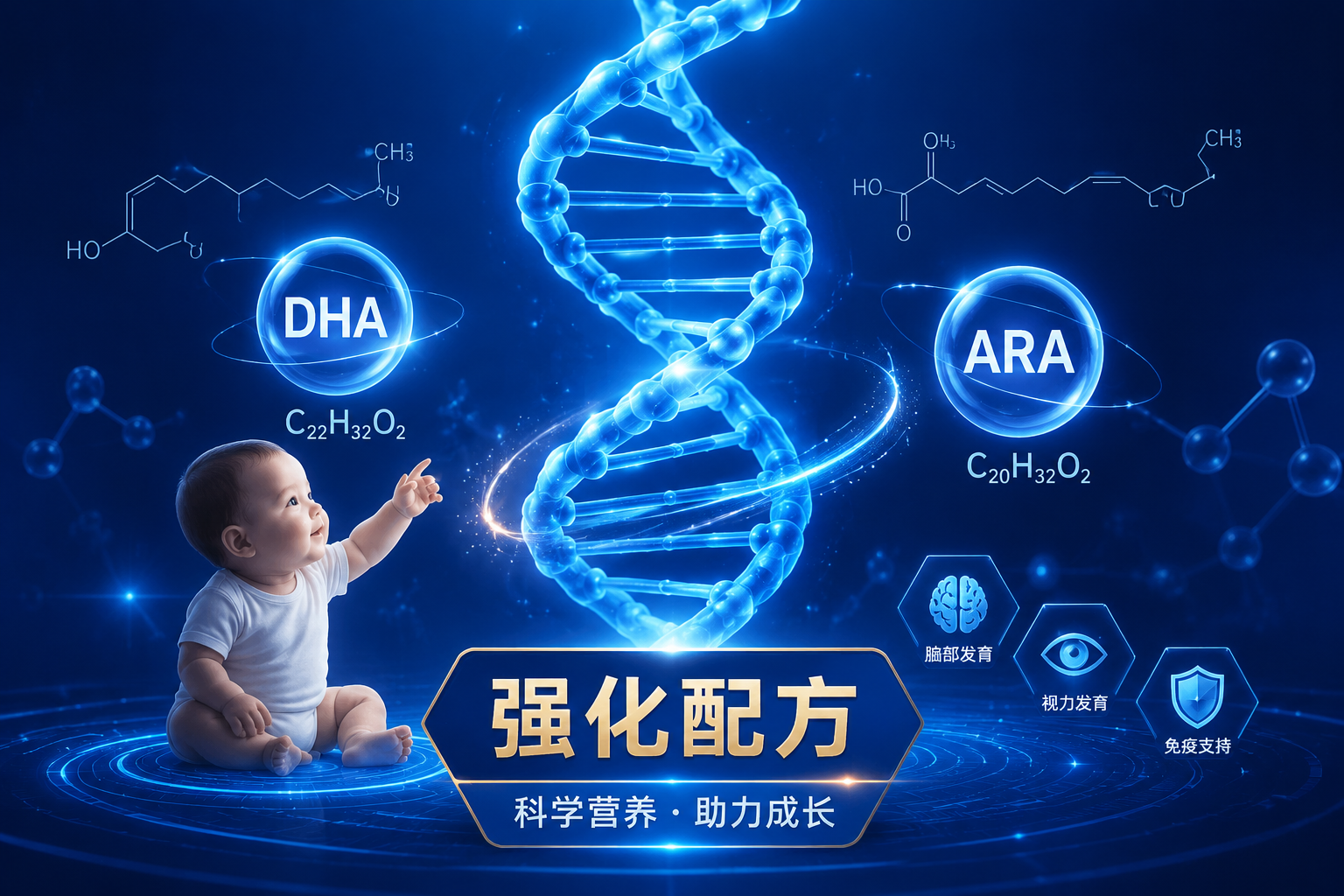 科技感与母婴结合的插画，一个发光的DNA双螺旋结构，周围环绕着DHA、ARA的分子式标签，底部有“强化配方”字样，背景是深蓝色调，突出配方的科学性和专业性。