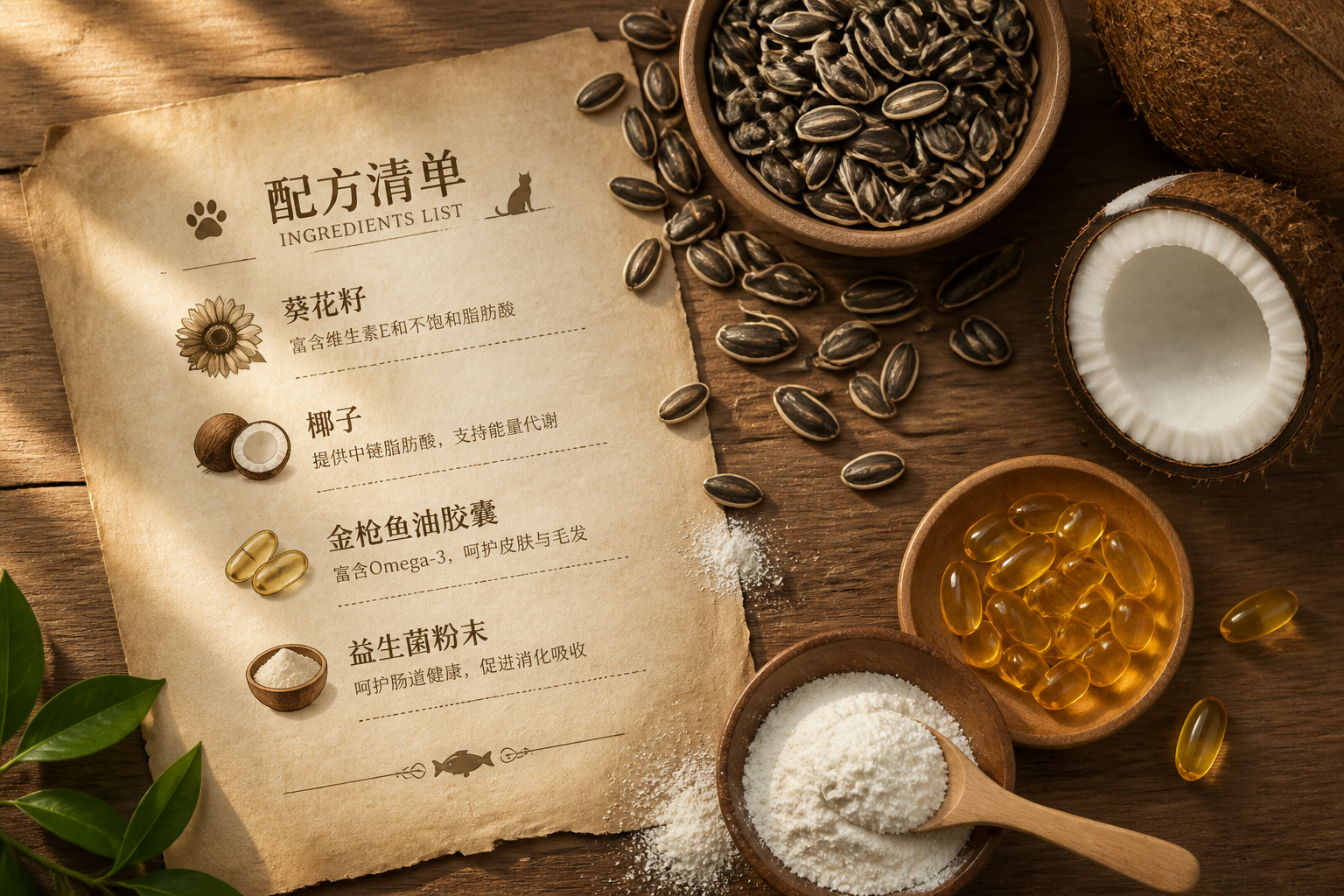 俯视角度，木质桌面上铺开一张羊皮纸质感的配方清单，旁边散落着新鲜的葵花籽、椰子、金枪鱼油胶囊和益生菌粉末，光线柔和，色调温暖，展现天然配料的质感。