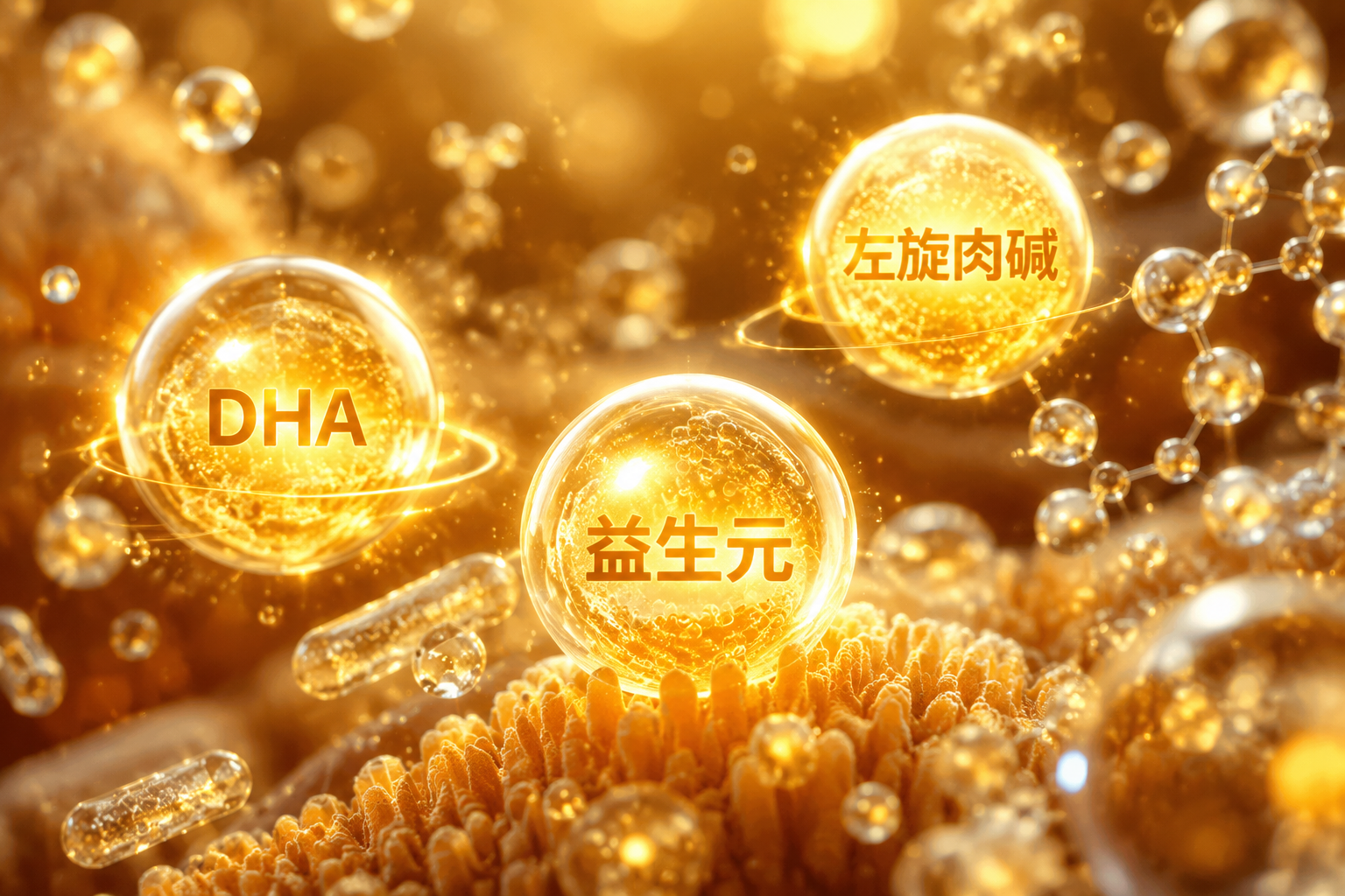 抽象的微观营养元素发光粒子，代表DHA、益生元和左旋肉碱，科技感与生命力结合，暖色调，3D渲染，微距摄影风格。