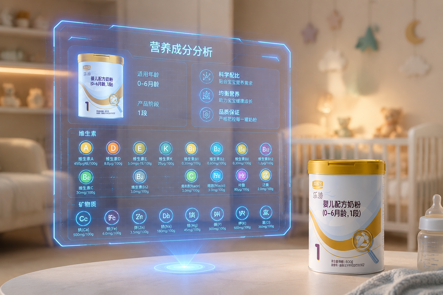 充满科技感的营养成分数据面板，悬浮在空中的全息投影表格，上面显示着各种维生素、矿物质的图标，背景是温馨的母婴室，景深效果。